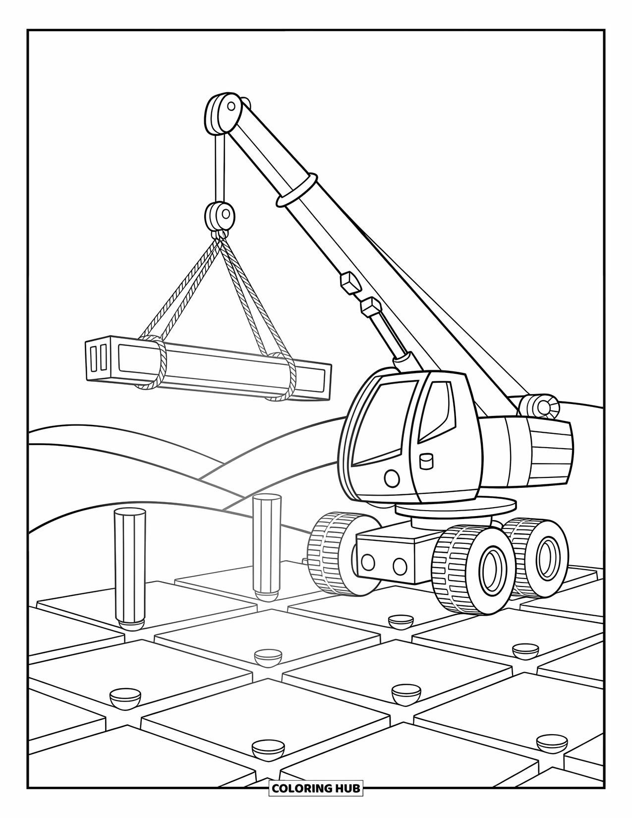 Construction Truck Coloring Page for Adults: A mobile crane lifts a beam above sturdy pillars under warm sunlight