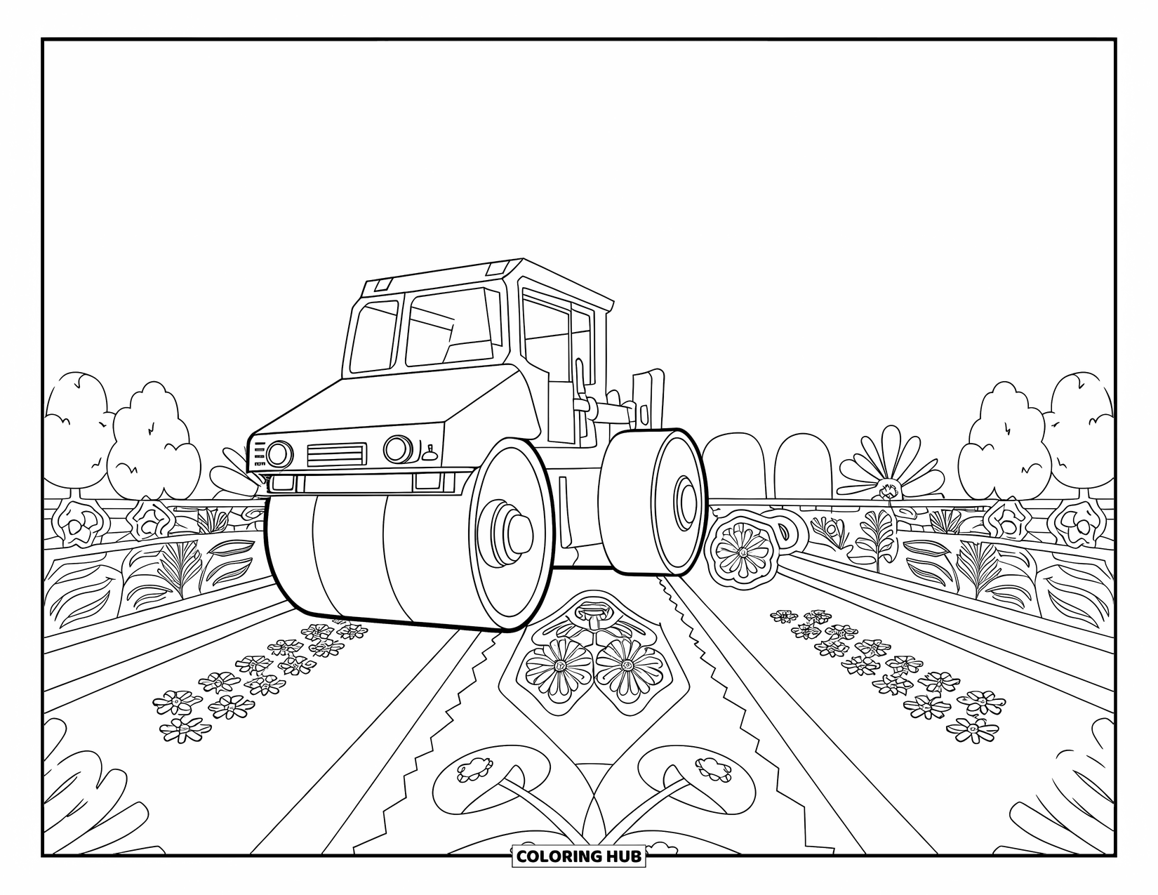 Construction Truck Coloring Page for Adults: A steamroller rests in a patterned garden filled with flowers and paths