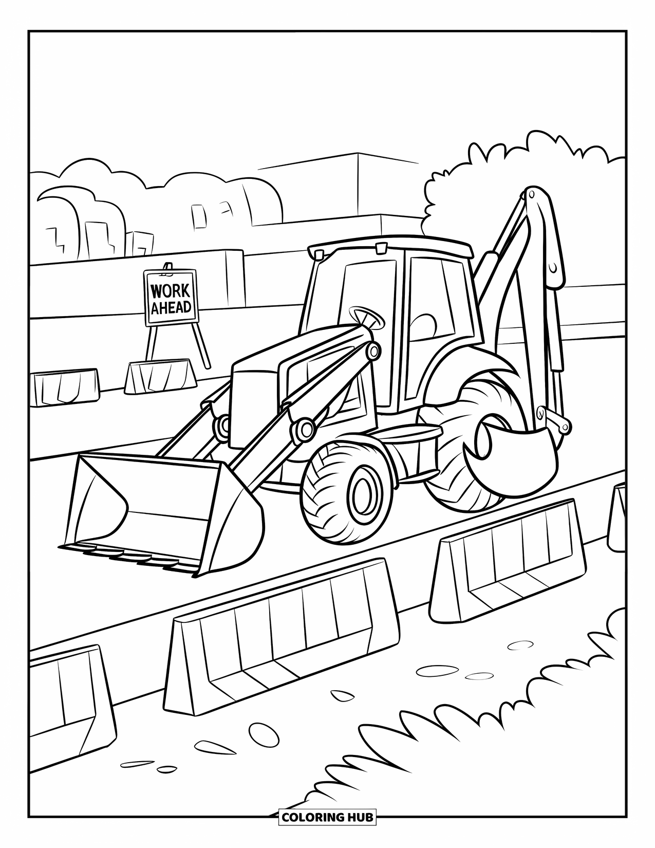 Construction Truck Coloring Page for Kids: A backhoe works beside road signs and construction barriers