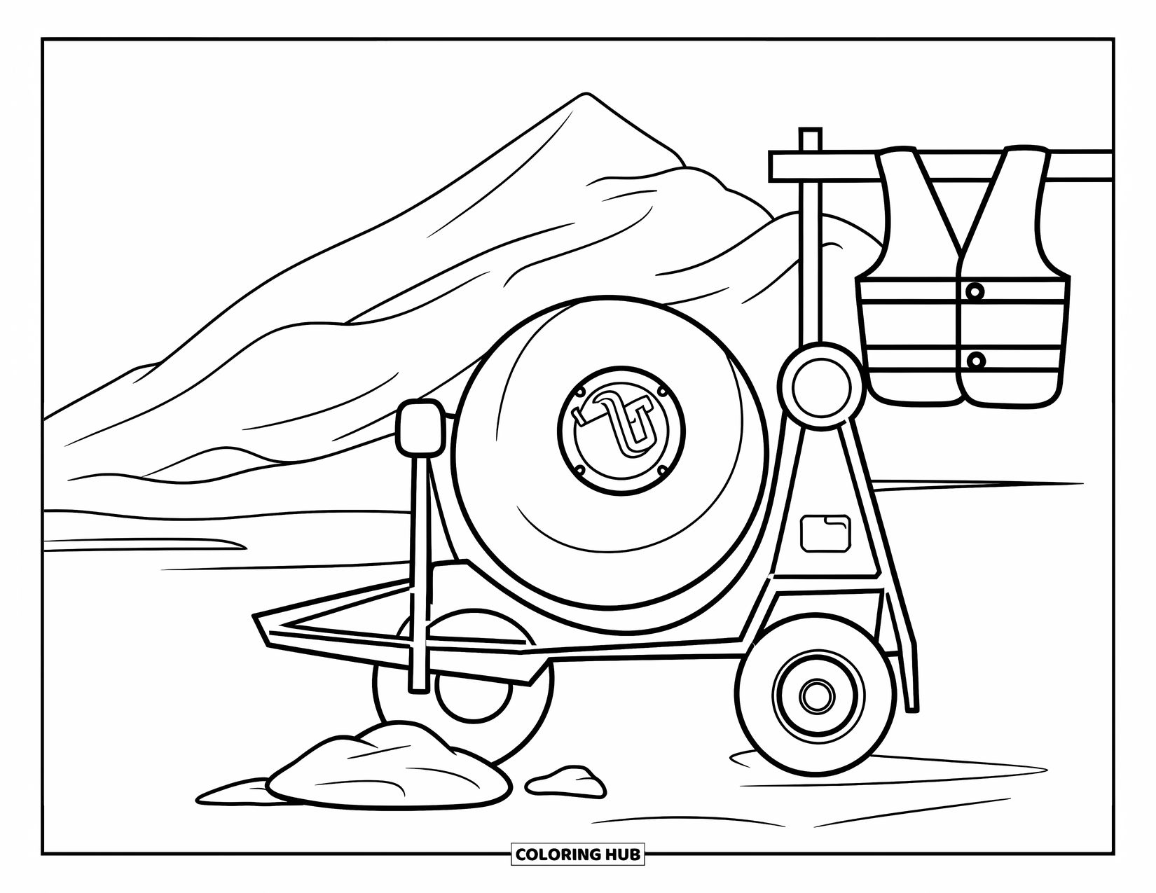 Construction Truck Coloring Page for Kids: A cement mixer and sand pile sit near a hanging vest