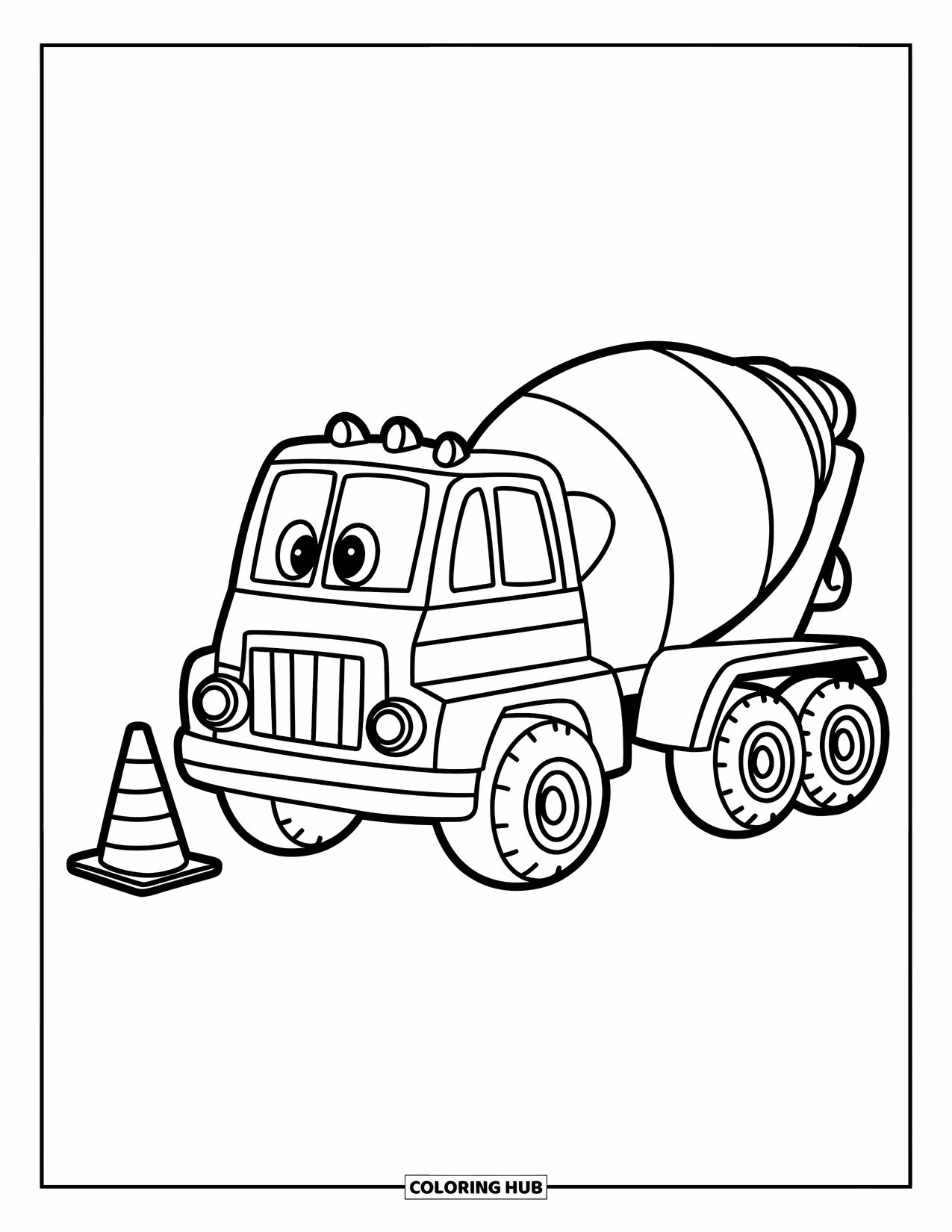 Construction Truck Coloring Page for Kids: A cheerful cement mixer truck sits beside a safety cone