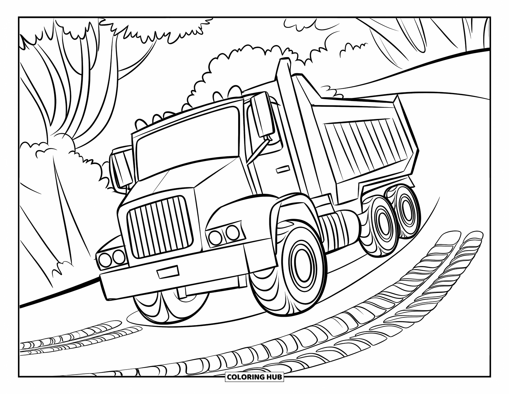 Construction Truck Coloring Page for Kids: A construction truck drives uphill past trees and tire tracks