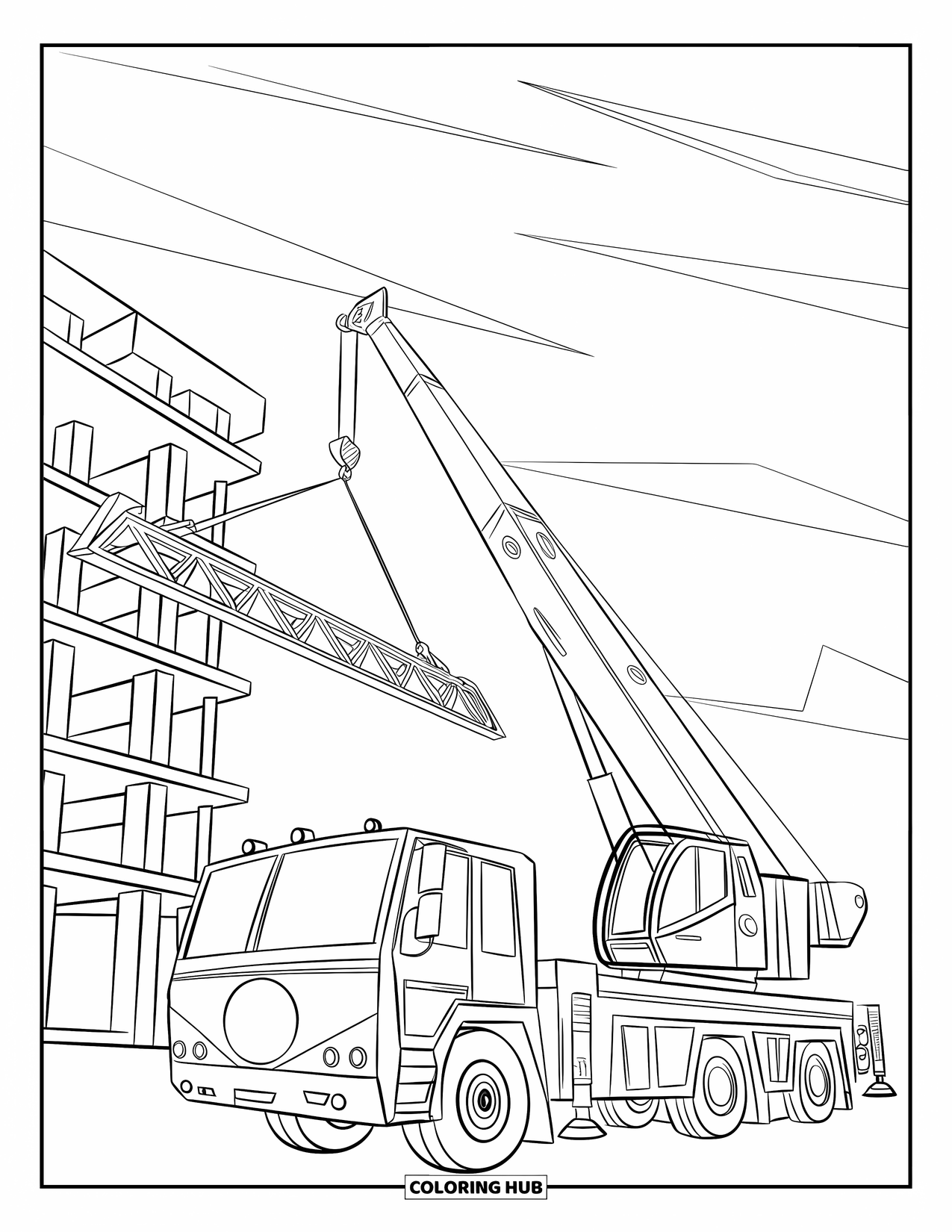 Construction Truck Coloring Page for Kids: A crane lifts a beam above a rising building under clear skies