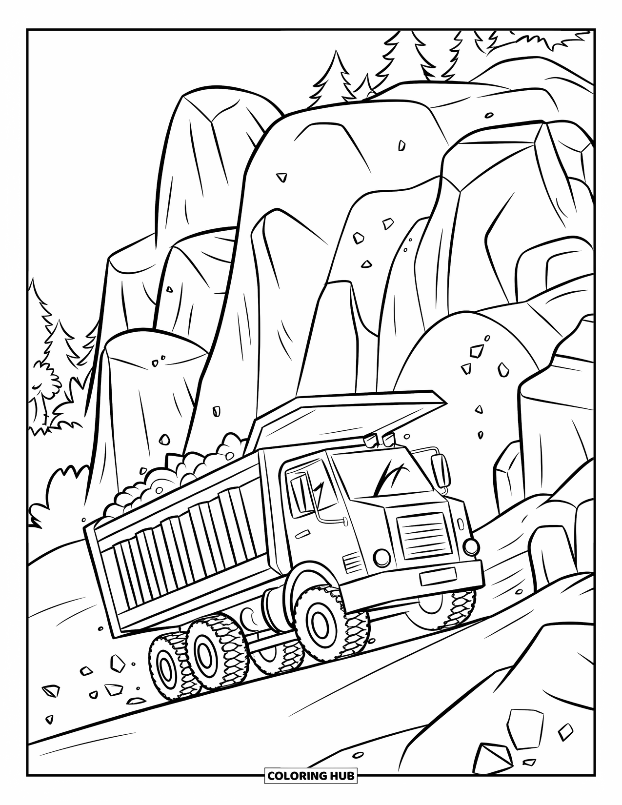 Construction Truck Coloring Page for Kids: A dump truck full of dirt drives across a rocky slope