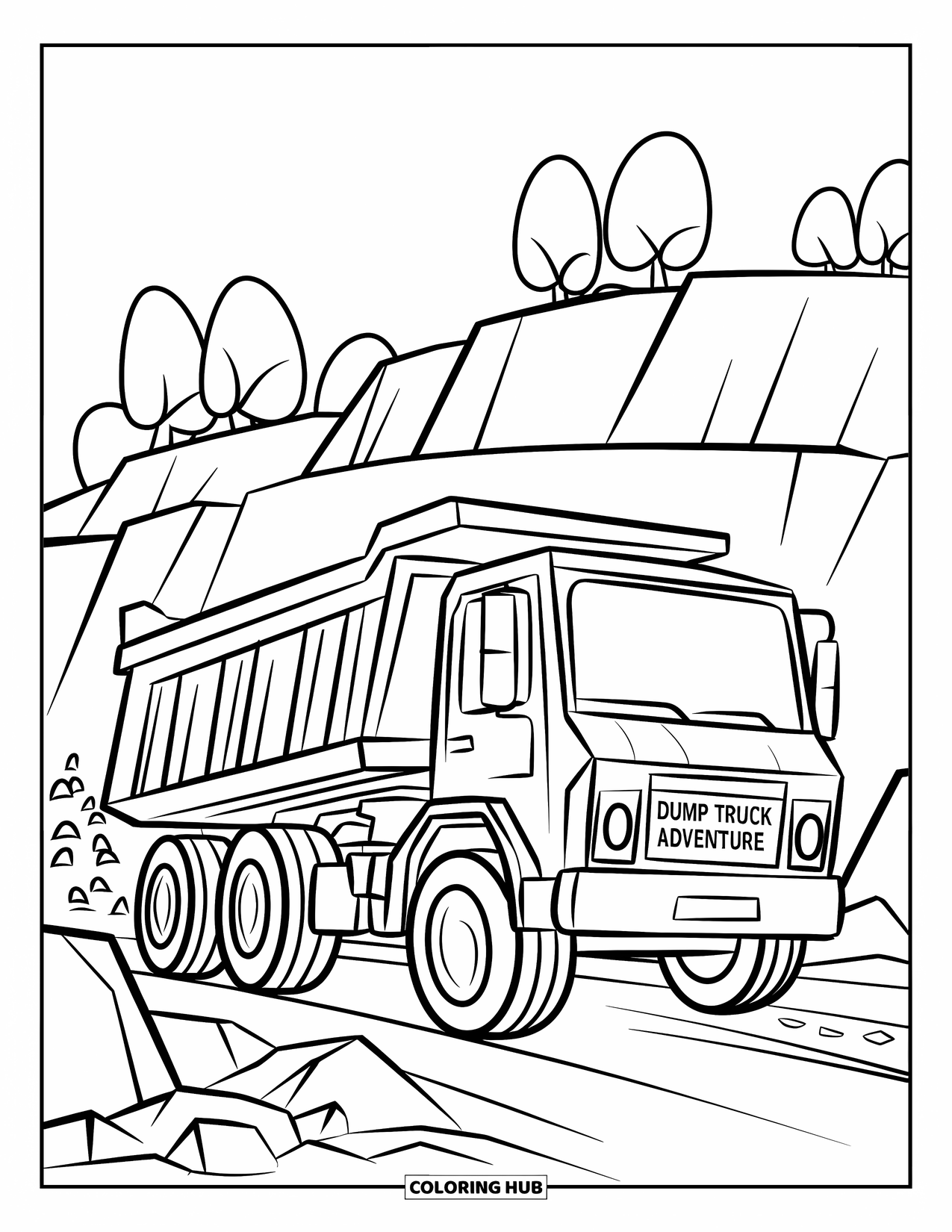 Construction Truck Coloring Page for Kids: A dump truck marked ìDump Truck Adventureî drives through rocks