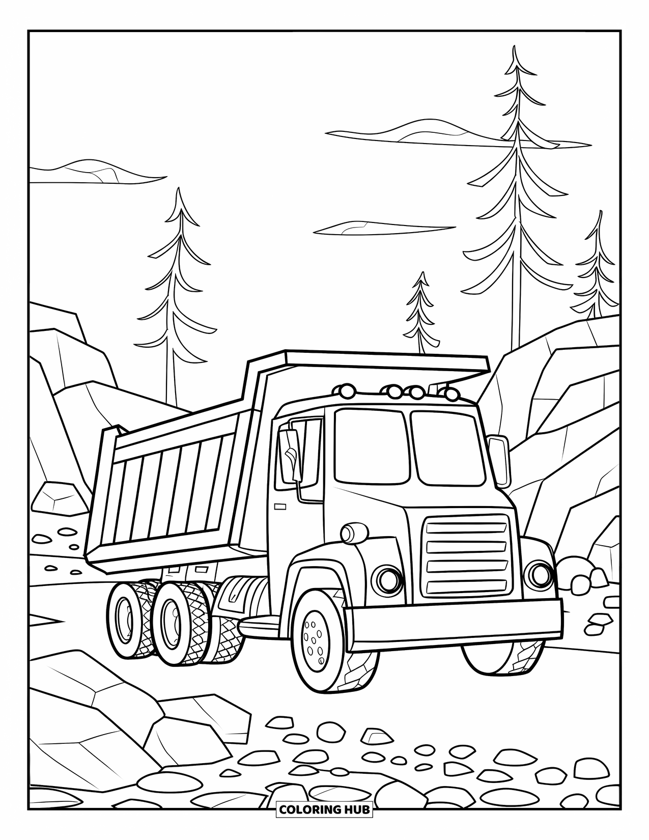 Construction Truck Coloring Page for Kids: A dump truck rolls over pebbles with tall trees nearby