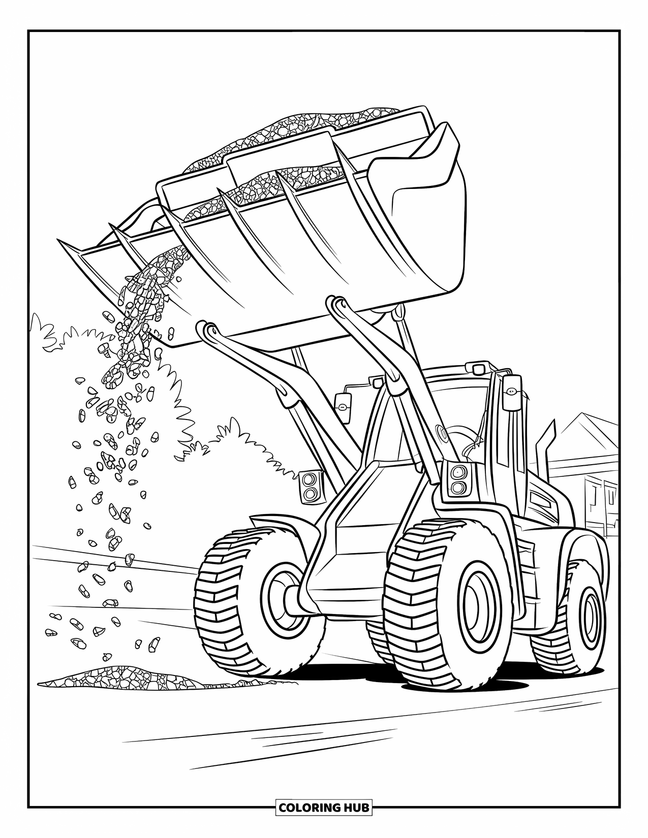 Construction Truck Coloring Page for Kids: A front loader drops gravel mid-air with trees behind
