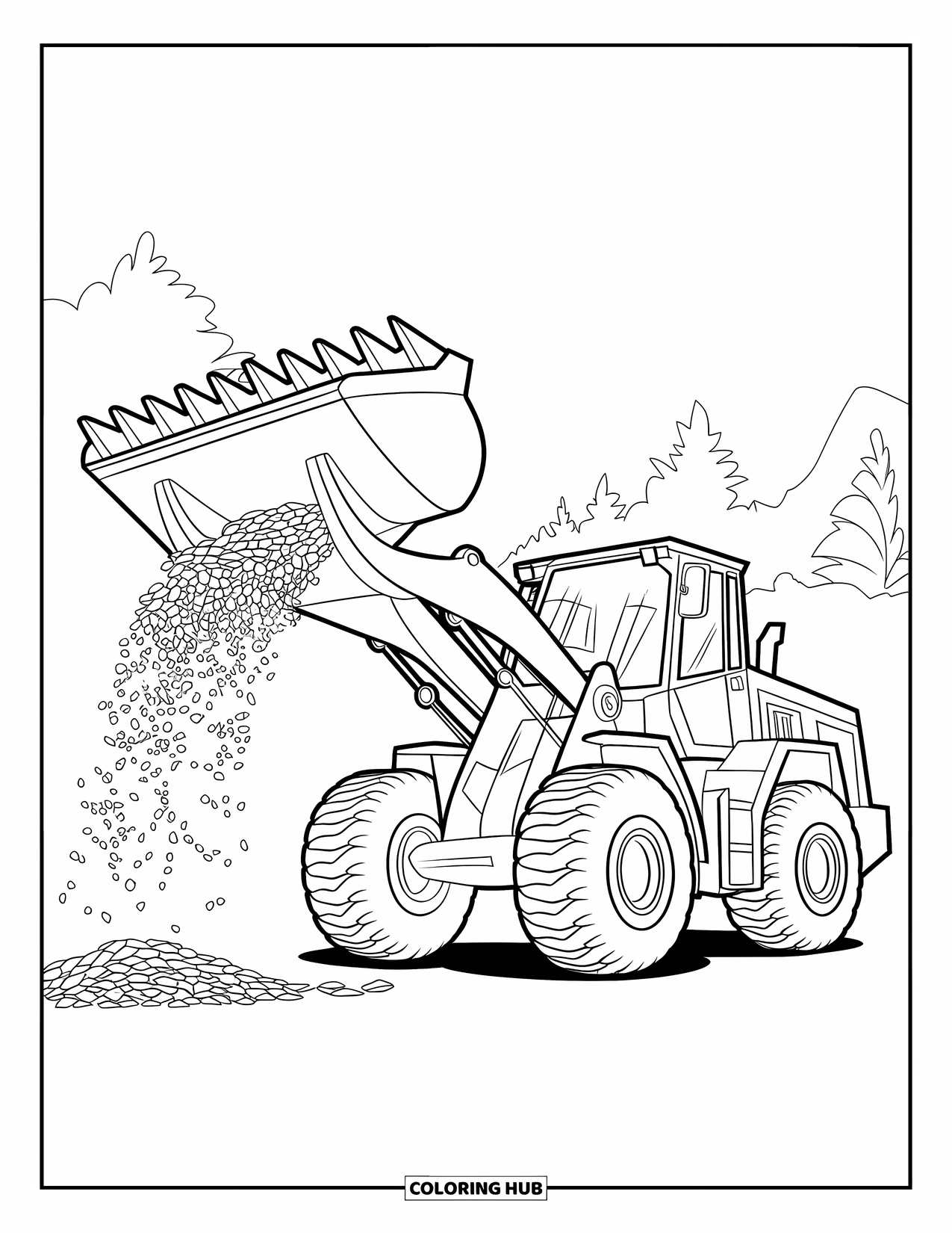 Construction Truck Coloring Page for Kids: A front loader lifts gravel high beside distant mountains