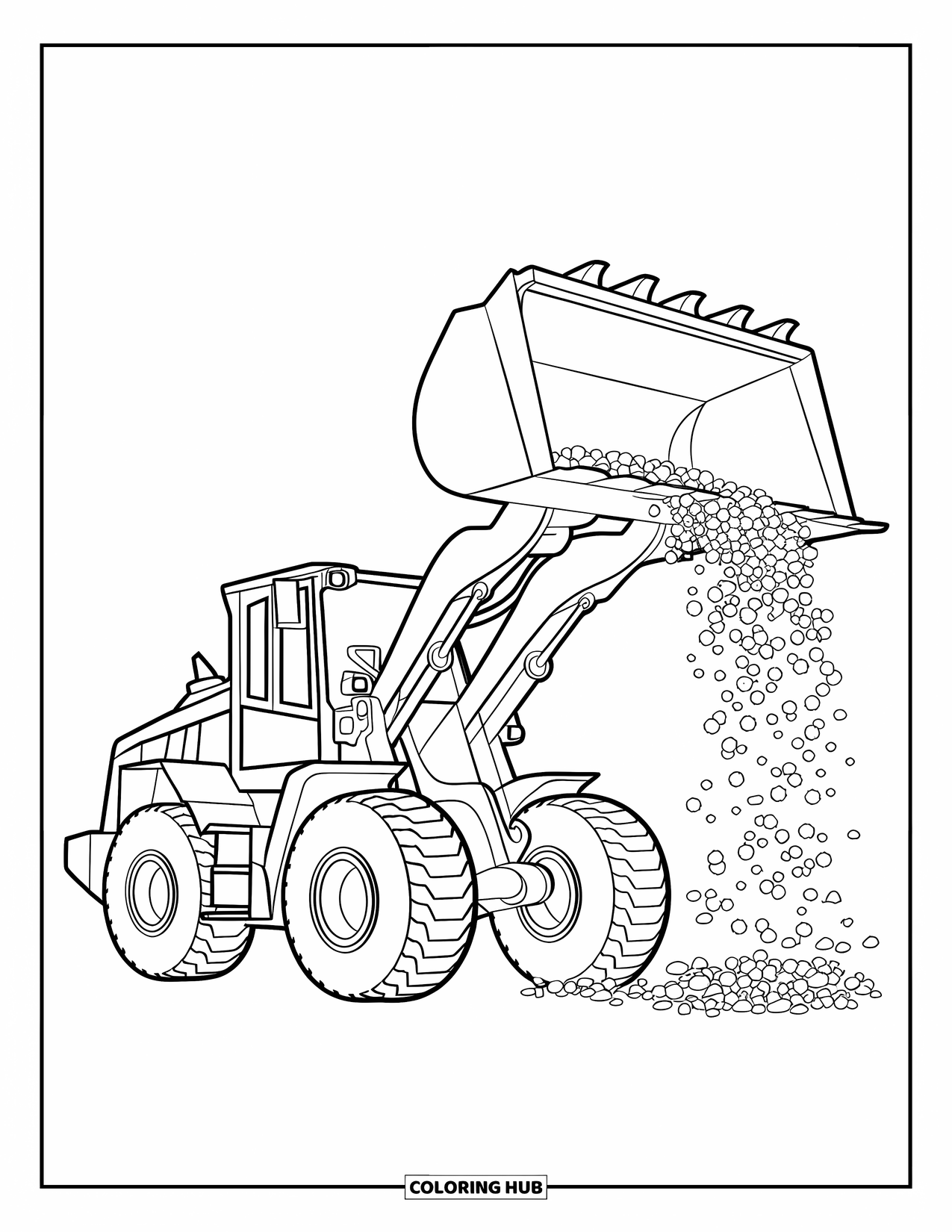 Construction Truck Coloring Page for Kids: A front loader spills gravel from its bucket in motion