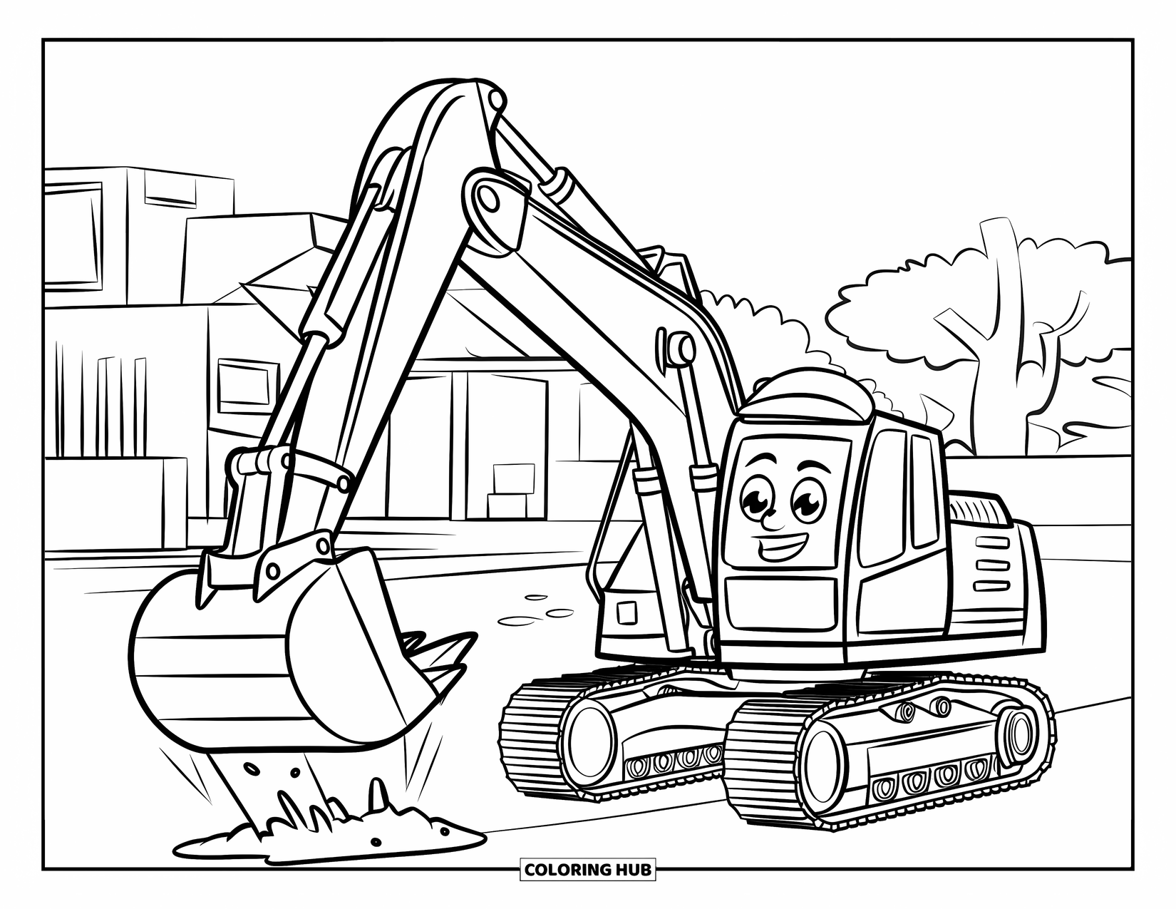Construction Truck Coloring Page for Kids: A happy excavator with a helmet digs at a busy site