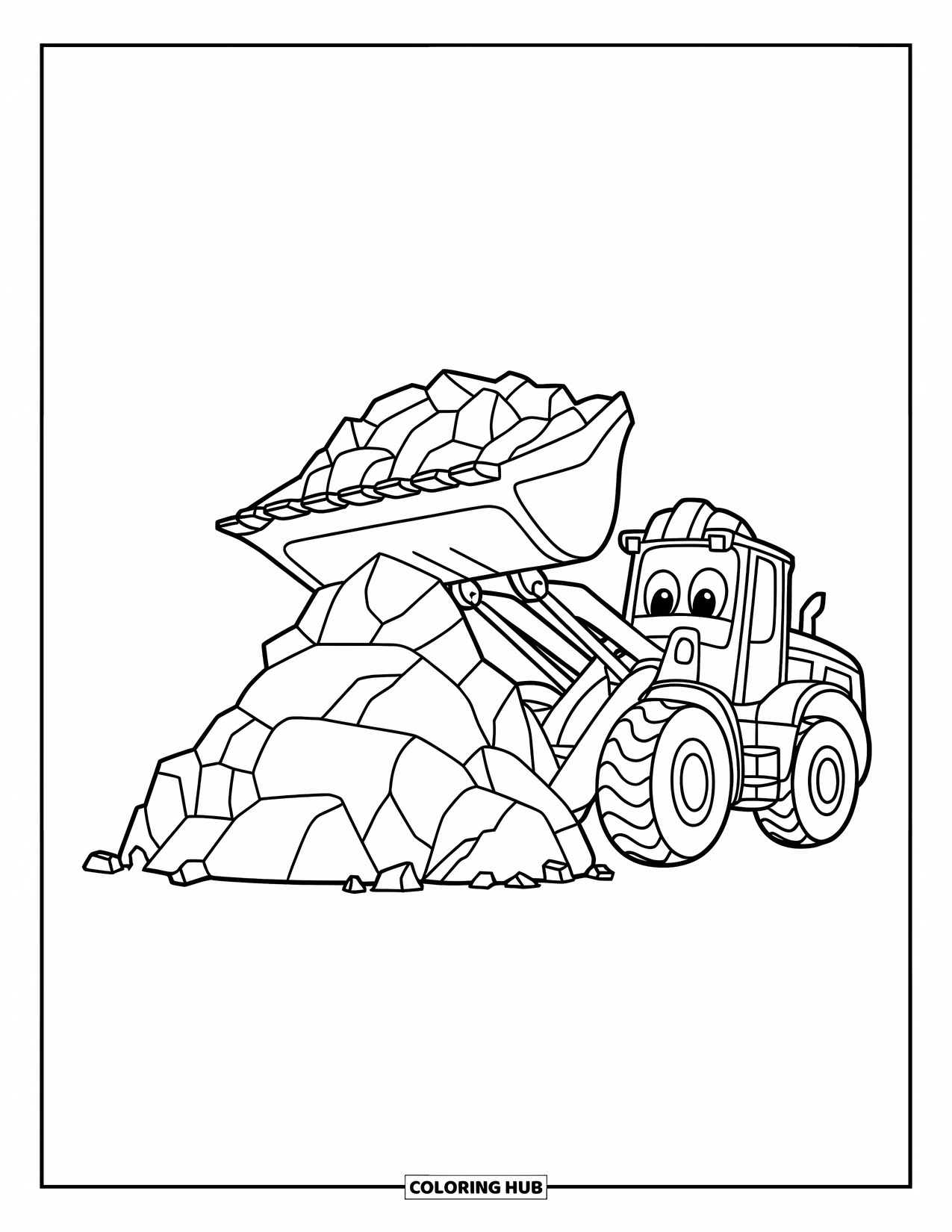 Construction Truck Coloring Page for Kids: A happy front loader in a hard hat pushes heavy rocks