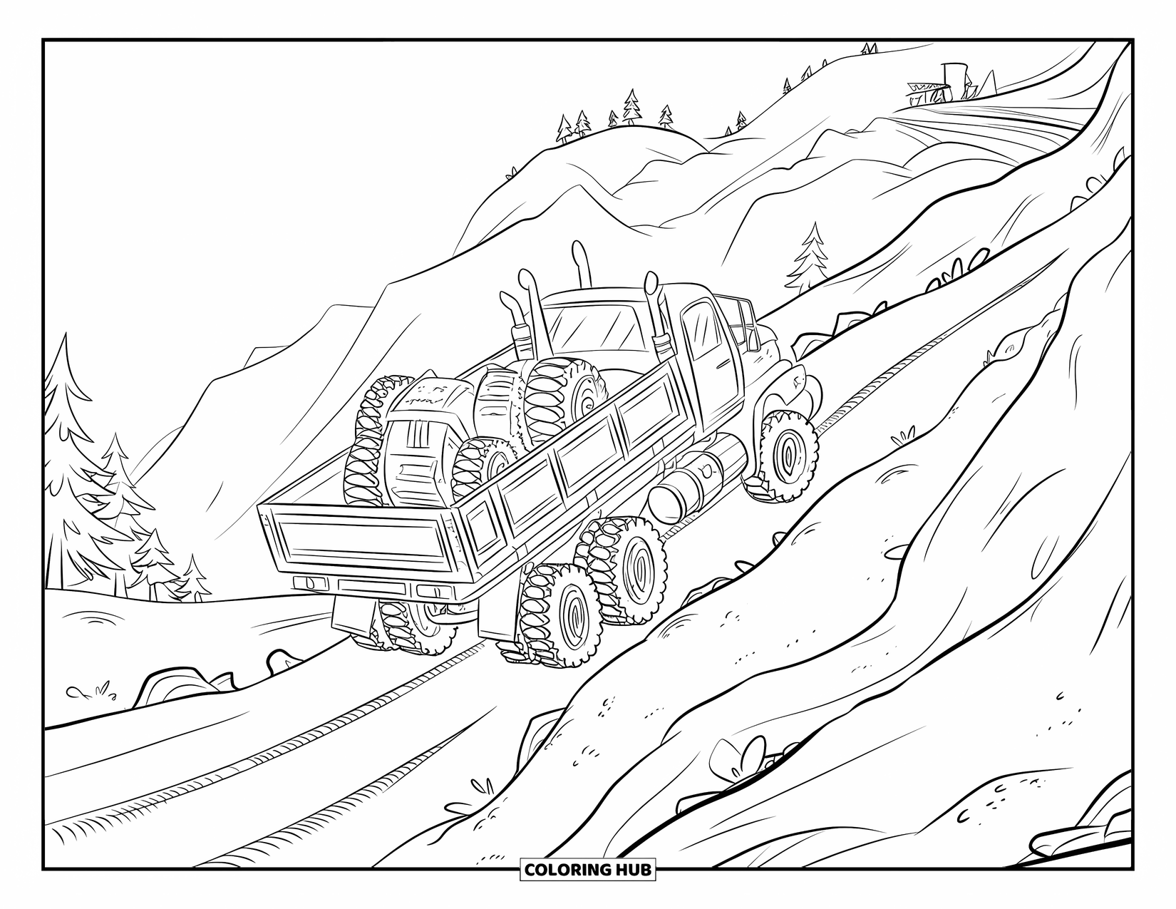 Construction Truck Coloring Page for Kids: A large truck carries machinery up a dirt road through the mountains