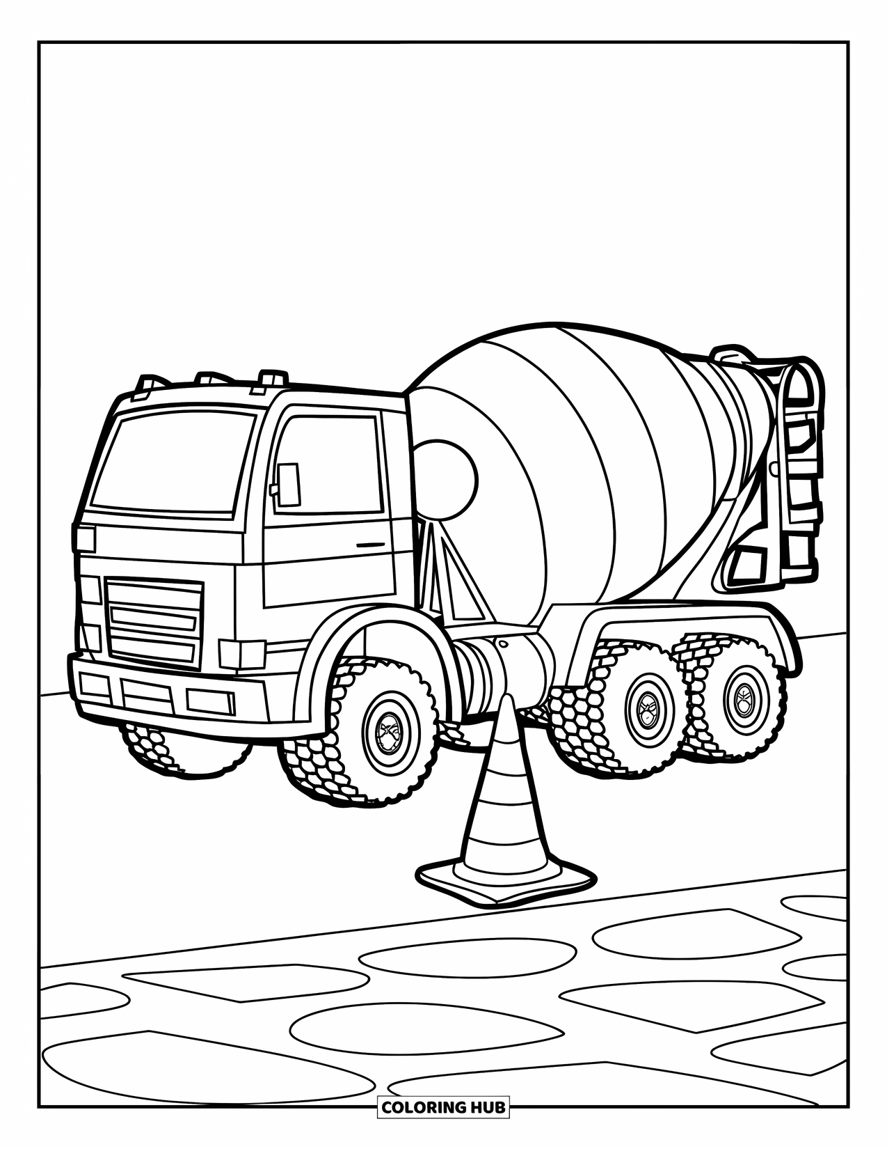 Construction Truck Coloring Page for Kids: A playful cement mixer truck rests near a construction cone