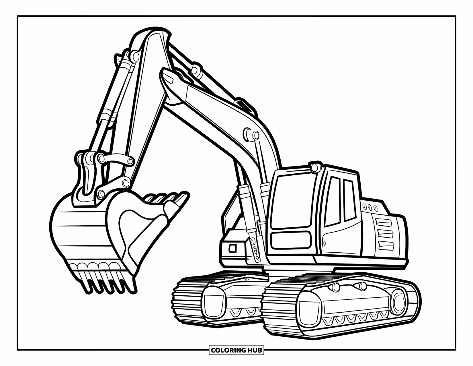 Construction Truck Coloring Page for Kids: A smiling excavator lifts dirt with a cheerful expression