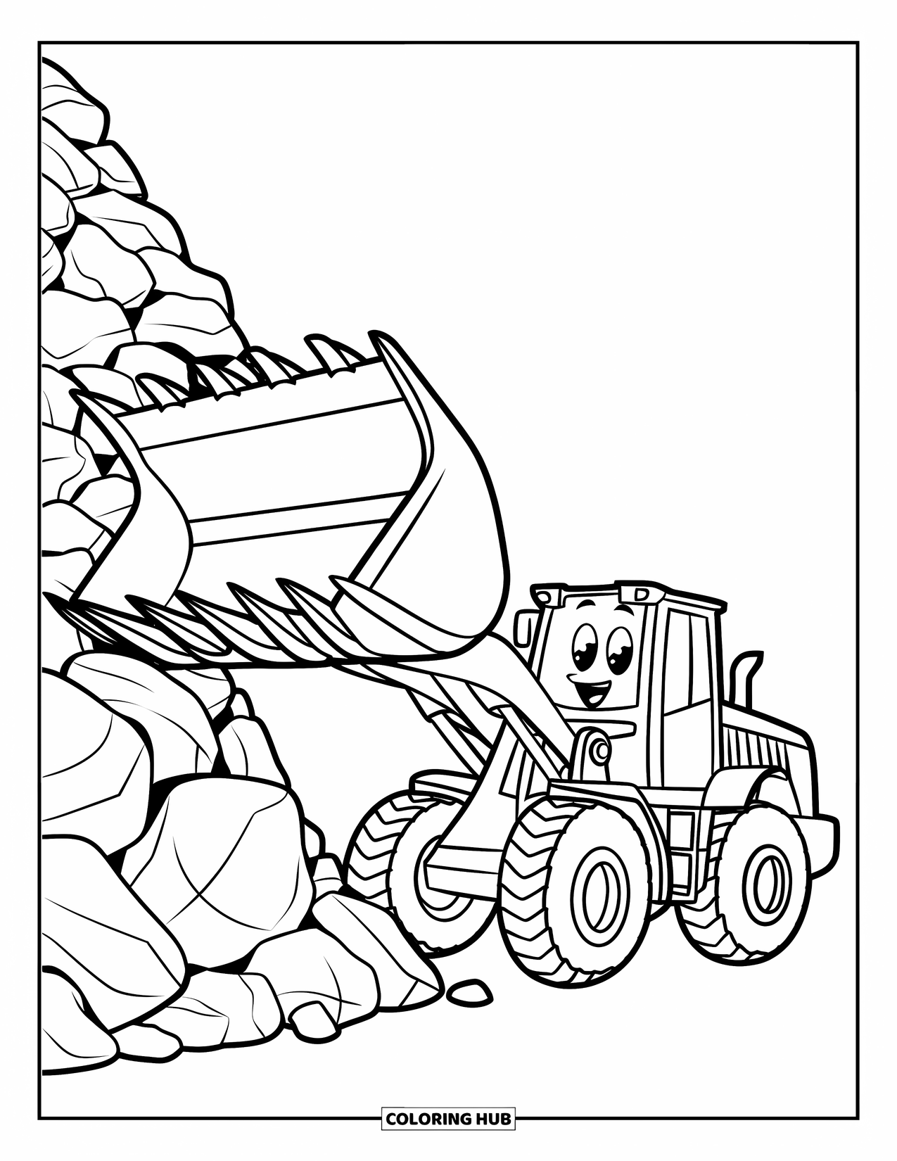 Construction Truck Coloring Page for Kids: A smiling front loader pushes a pile of rocks