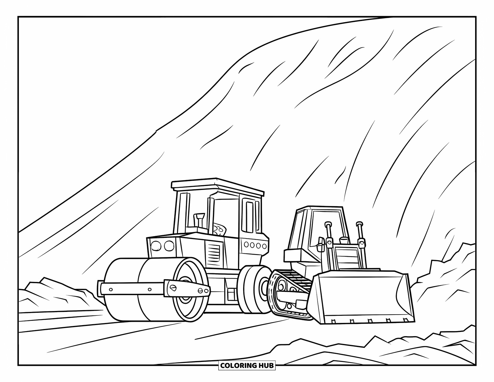 Construction Truck Coloring Page for Kids: A steamroller and bulldozer rest near a large pile of dirt