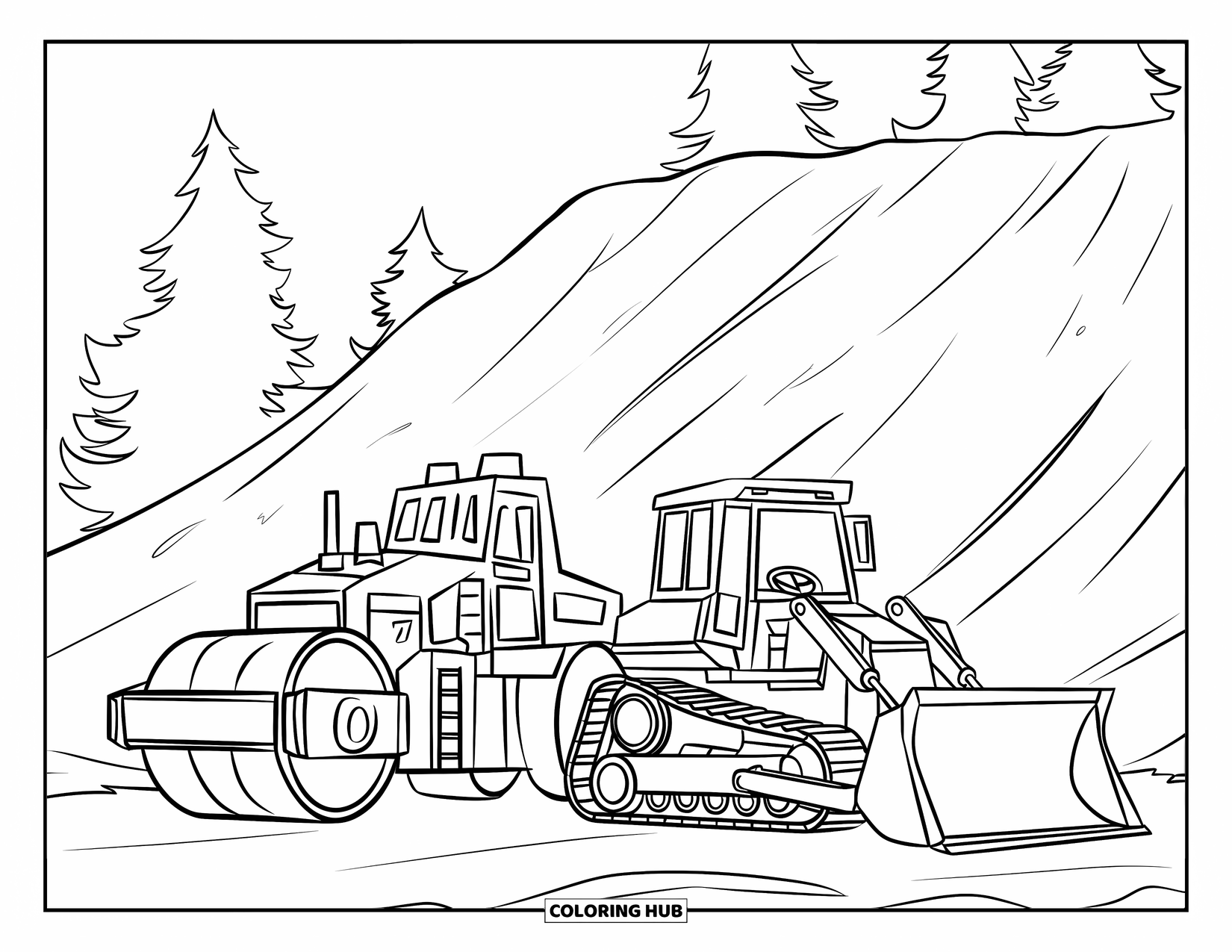 Construction Truck Coloring Page for Kids: A steamroller and bulldozer stand on uneven ground with trees behind
