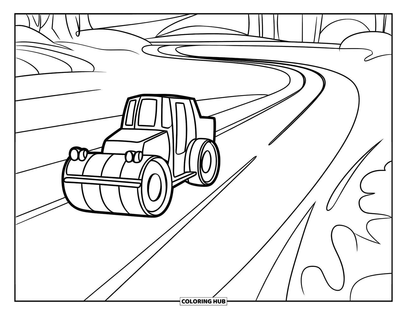 Construction Truck Coloring Page for Kids: A steamroller travels down a curved road lined with trees