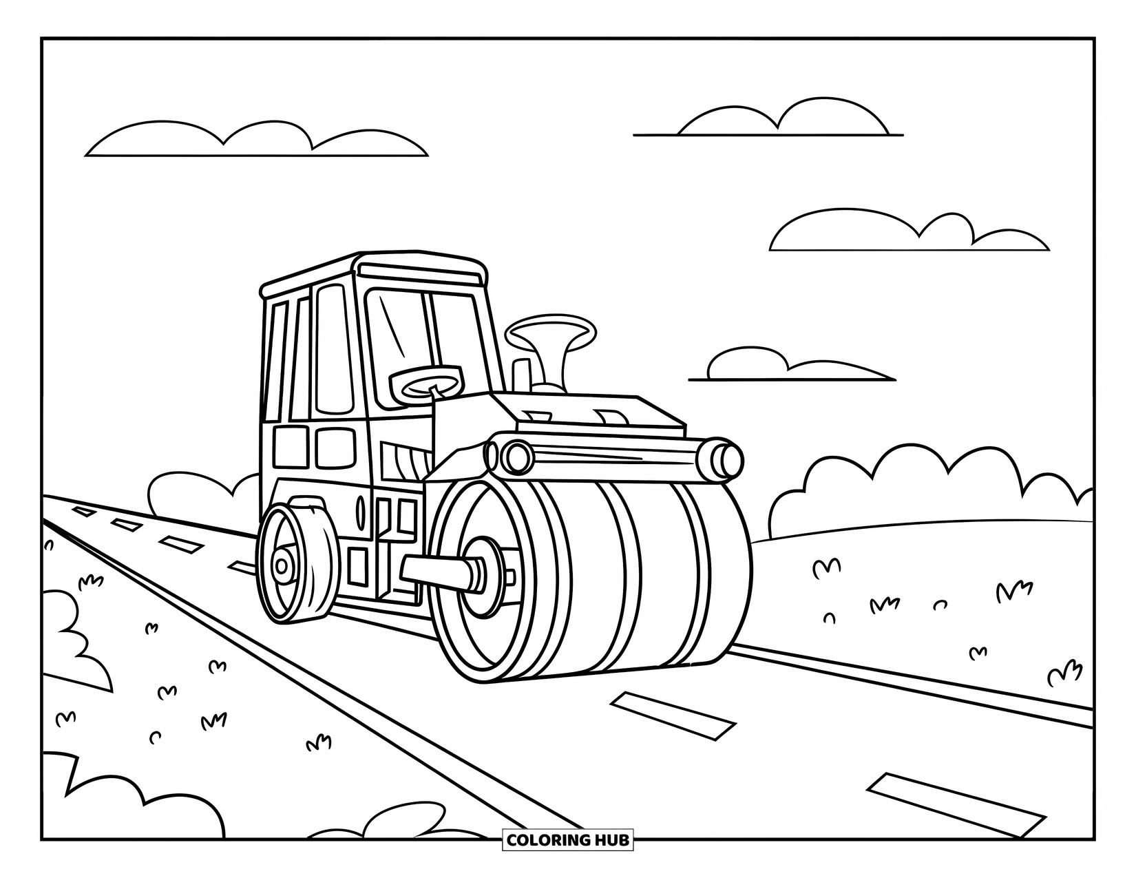 Construction Truck Coloring Page for Kids: A striped steamroller parks on a smooth, curving road