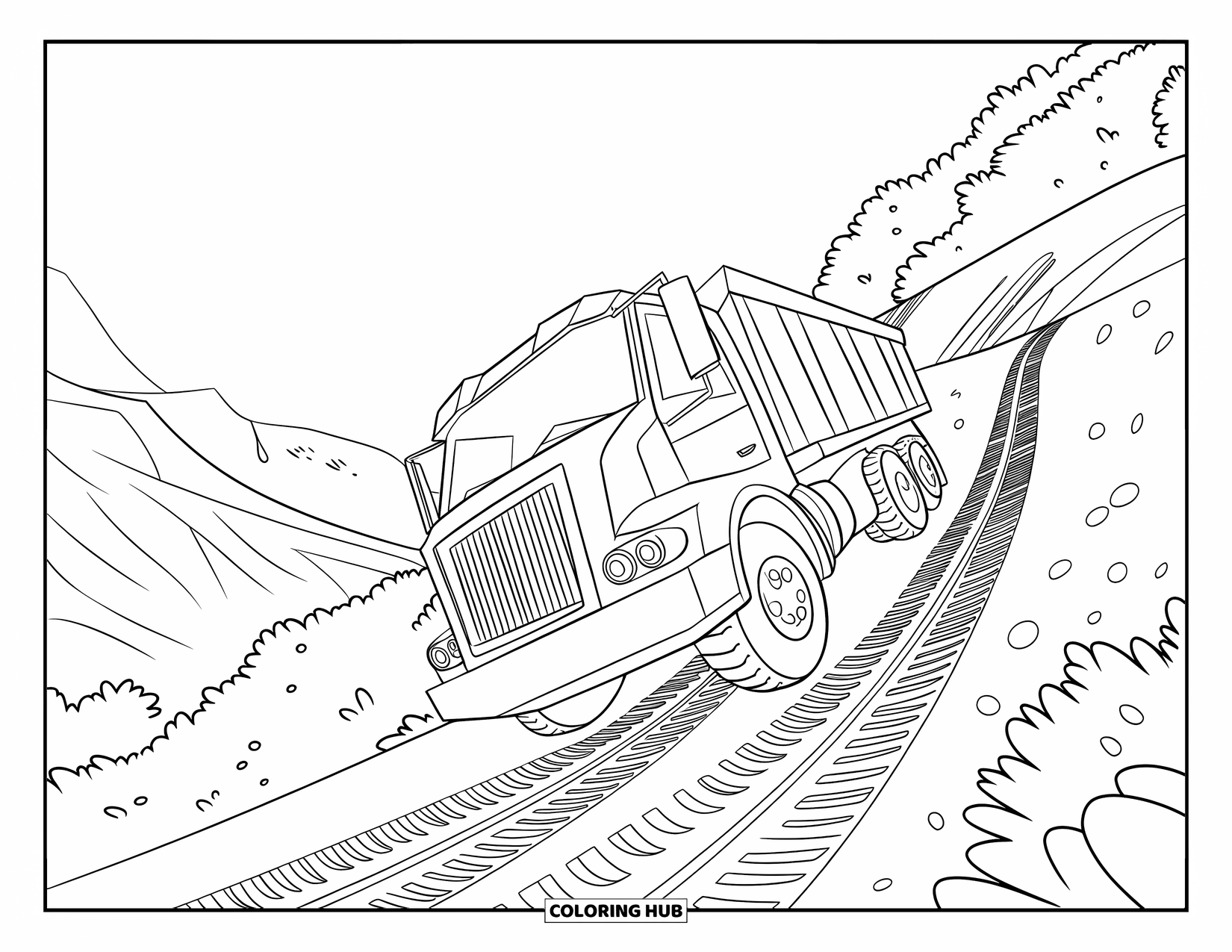 Construction Truck Coloring Page for Kids: A truck climbs a green hillside, leaving tire marks behind
