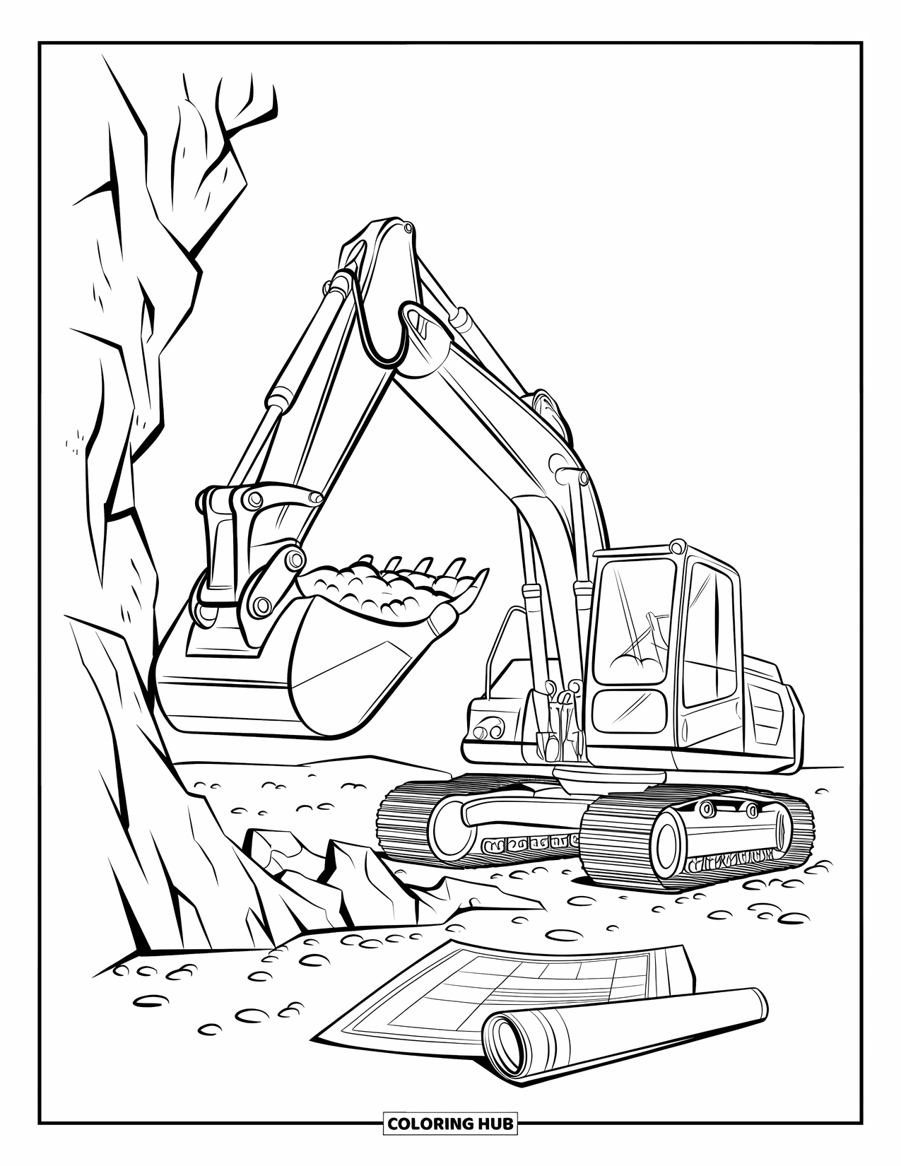 Construction Truck Coloring Page for Kids: An excavator scoops dirt beside a rolled blueprint in open land