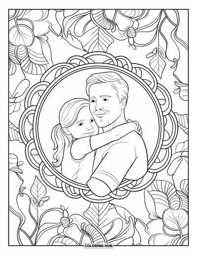 Tegning af far og datter til voksne: Et blidt kram omgivet af blomster og blade i en mandalacirkel