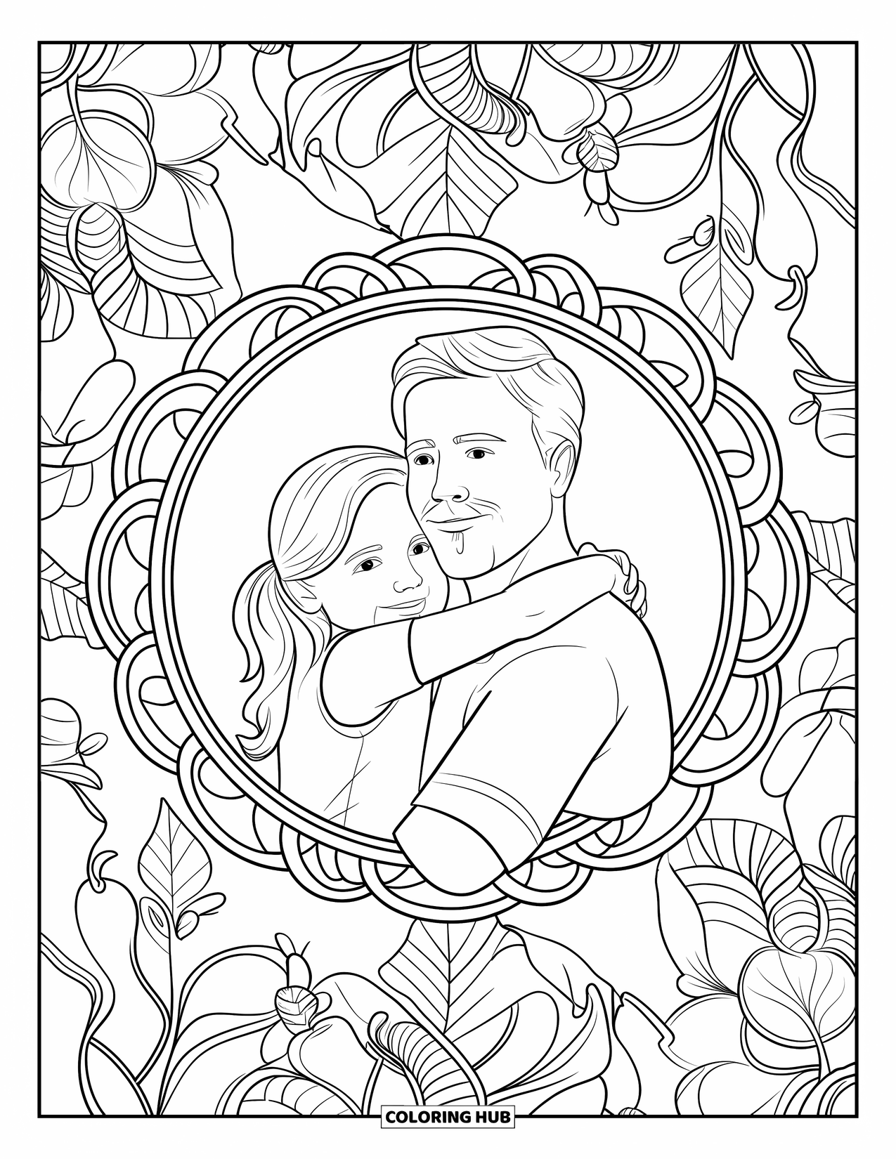 Dad And Daughter Coloring Page for Adults: A gentle hug surrounded by flowers and leaves in a mandala circle