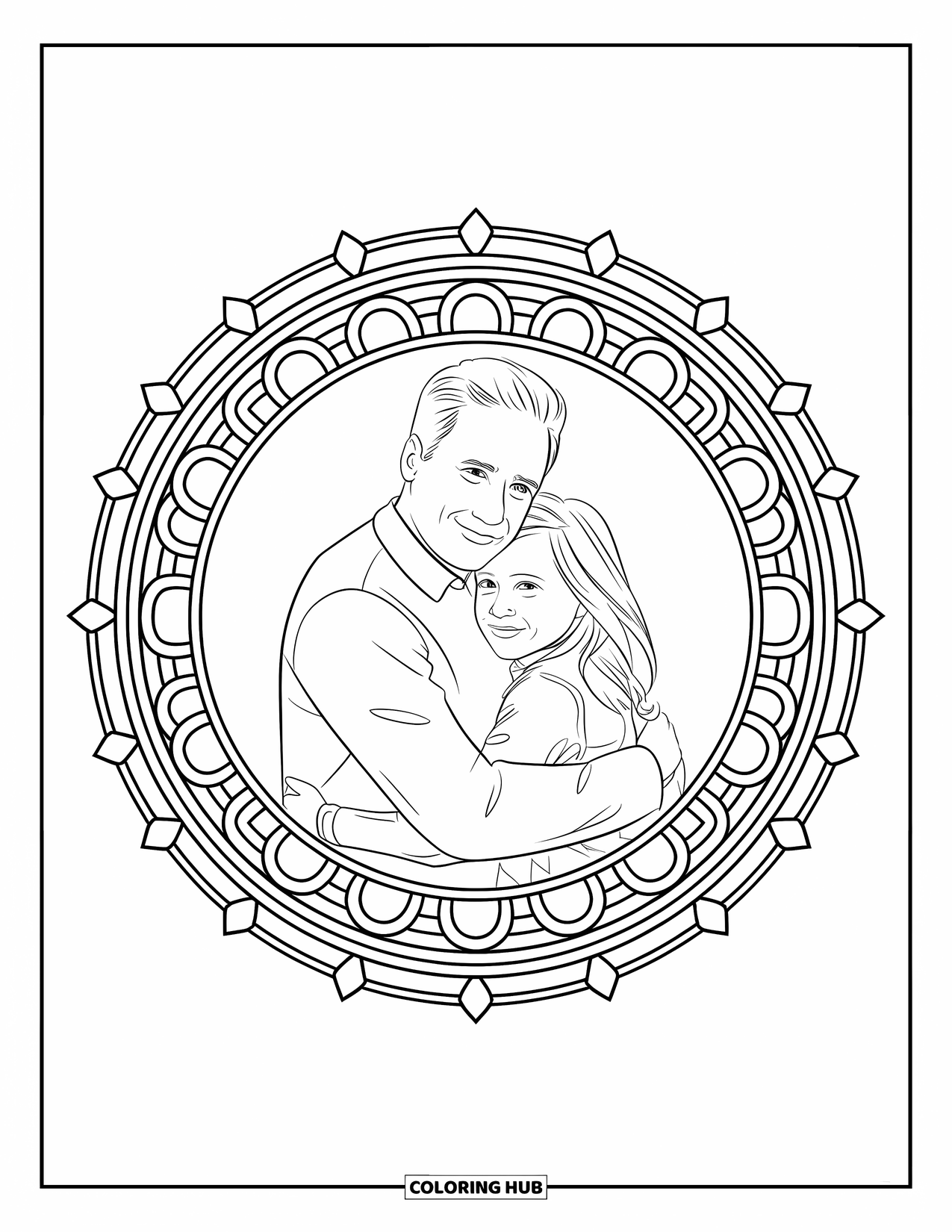 Dad And Daughter Coloring Page for Adults: A sweet hug framed in a circular mandala with soft floral details