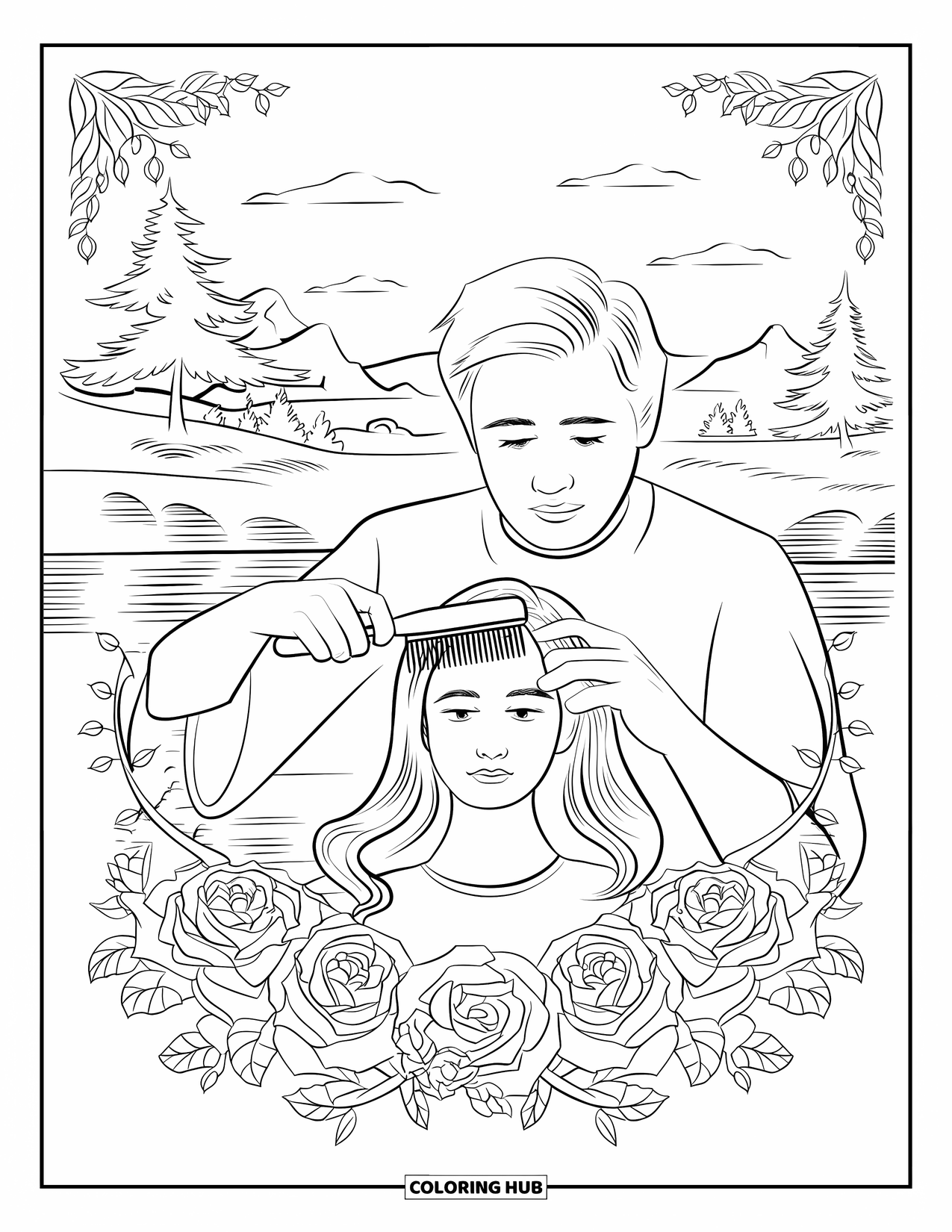 Dad And Daughter Coloring Page for Adults: He brushes her hair gently among roses and winding vines