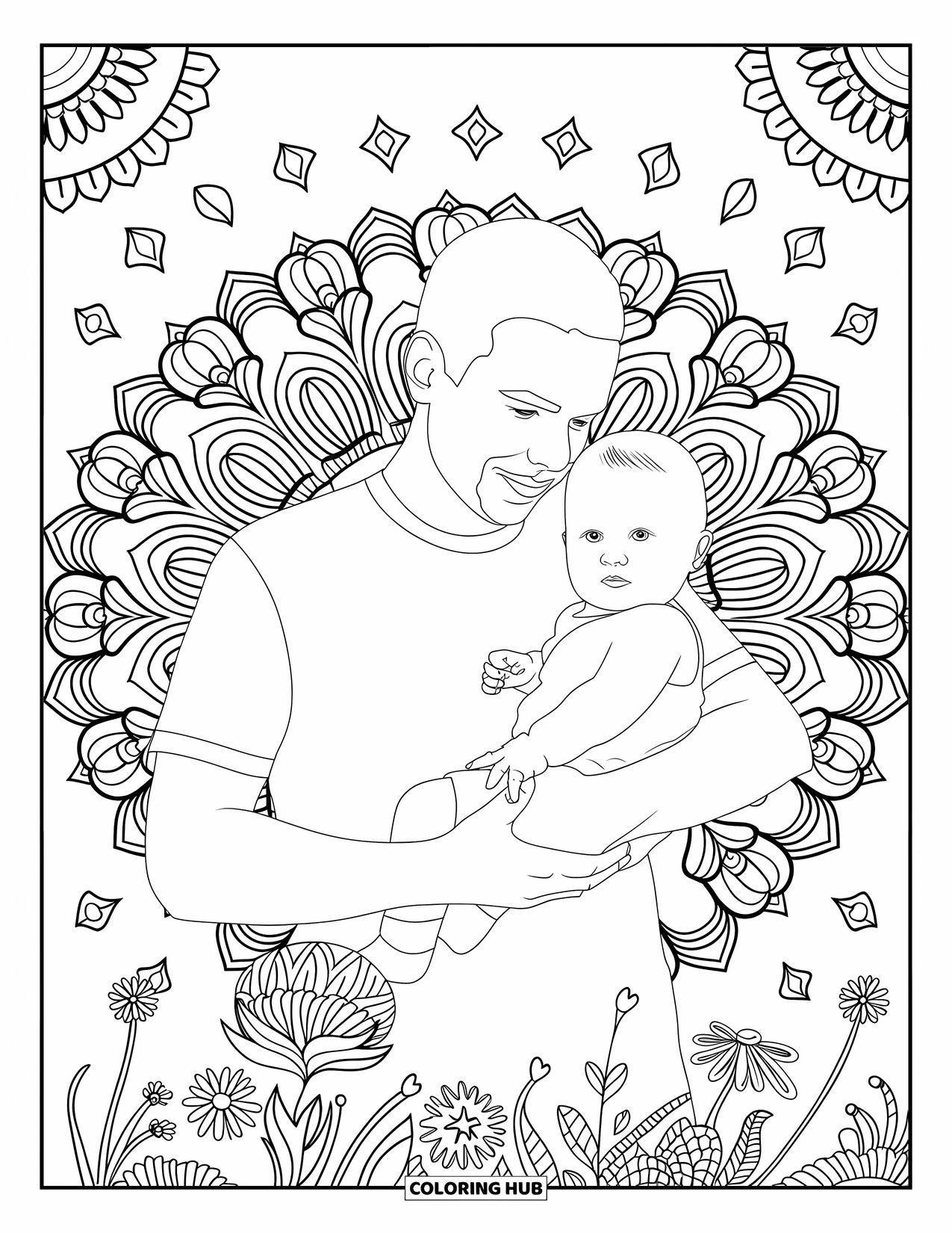 Dad And Daughter Coloring Page for Adults: He cradles his baby daughter among blooming mandala-style florals
