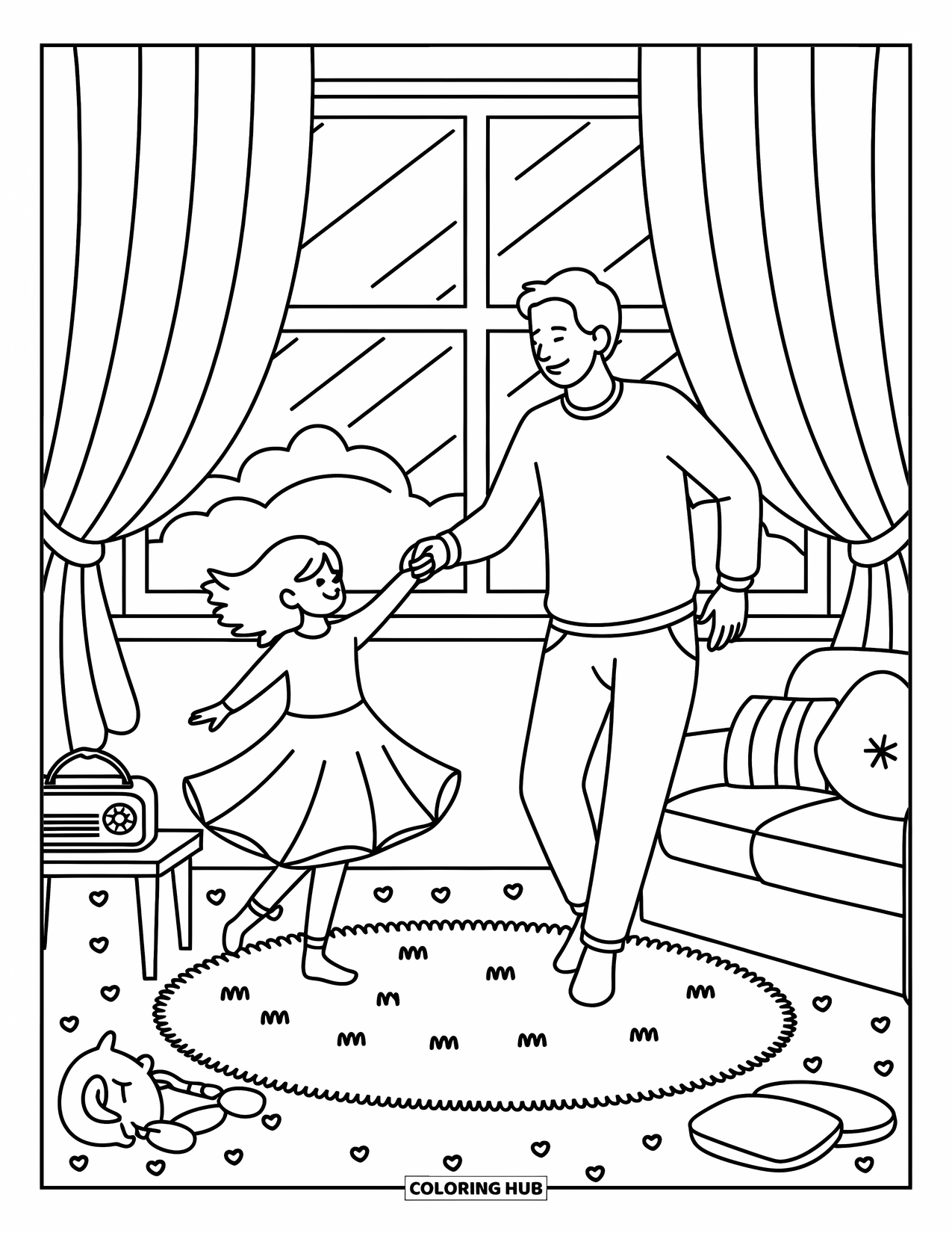 Dad And Daughter Coloring Page for Adults: Her dress spins as they dance in a warm, cozy living room