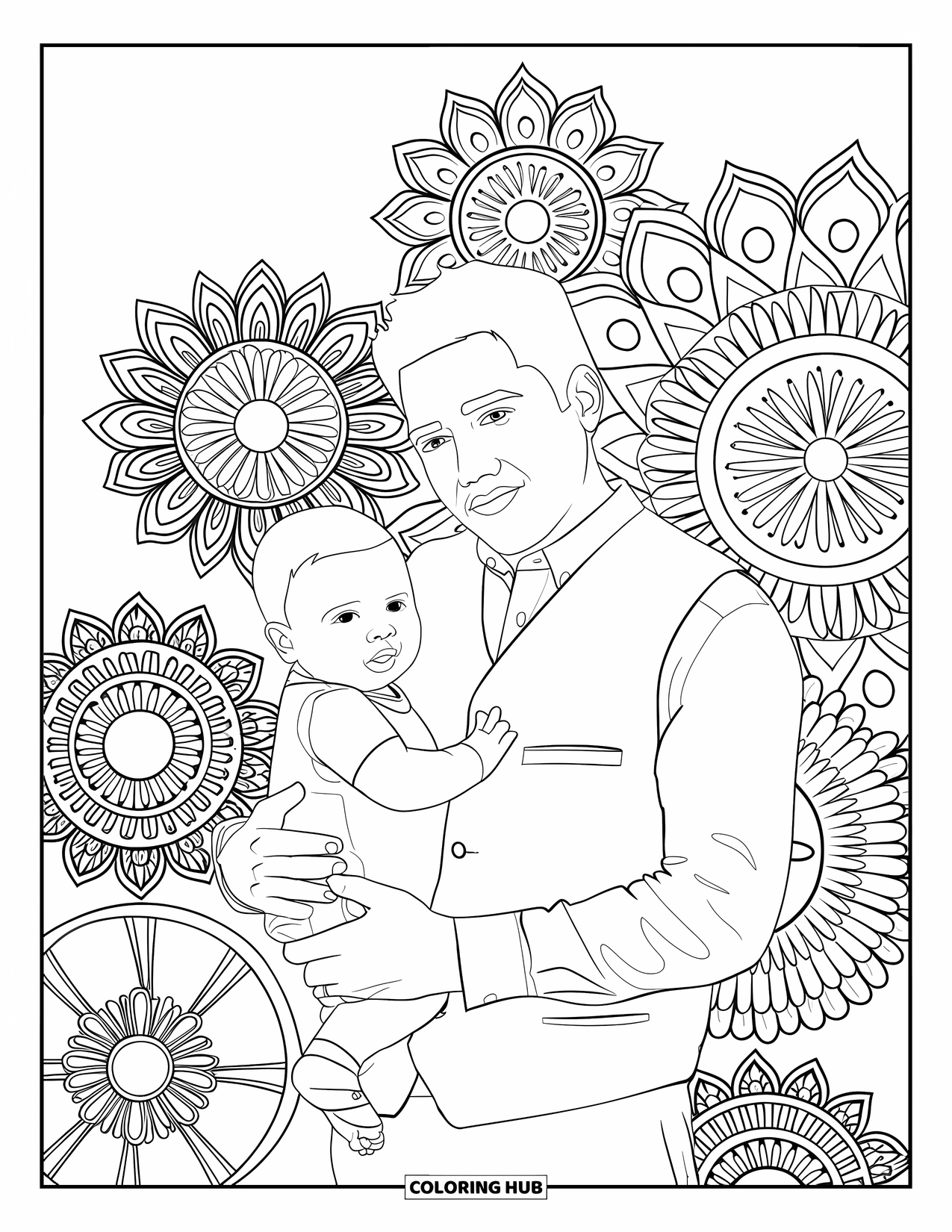 Dad And Daughter Coloring Page for Adults: Holding his baby, he's surrounded by detailed flowers in bloom