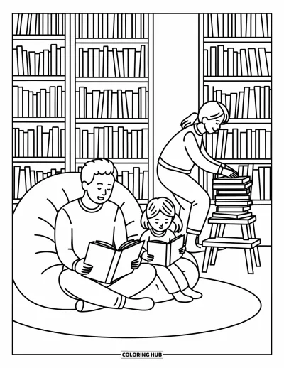 Tegning af far og datter til voksne: I en krog nyder de bøger, mens en bibliotekar sætter bøger på plads i nærheden