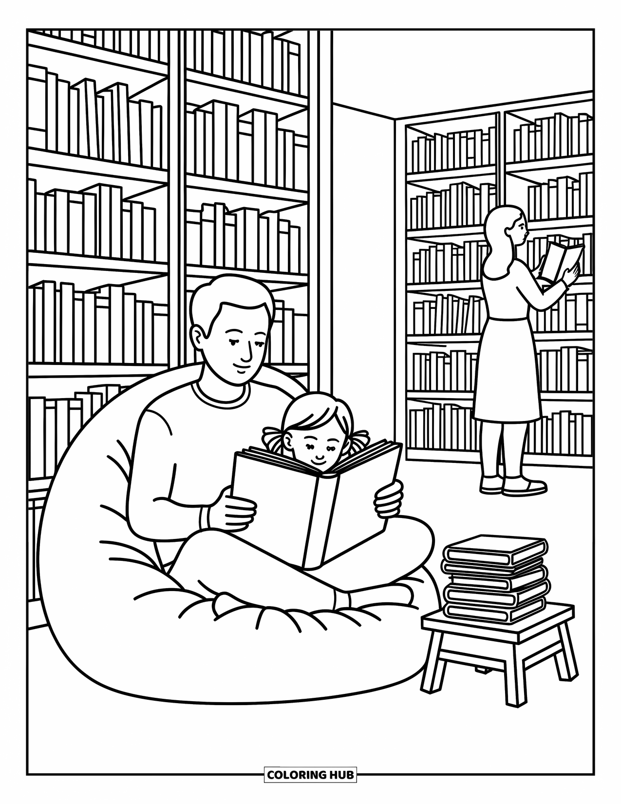 Dad And Daughter Coloring Page for Adults: She reads by her dad's side on a beanbag in a quiet library