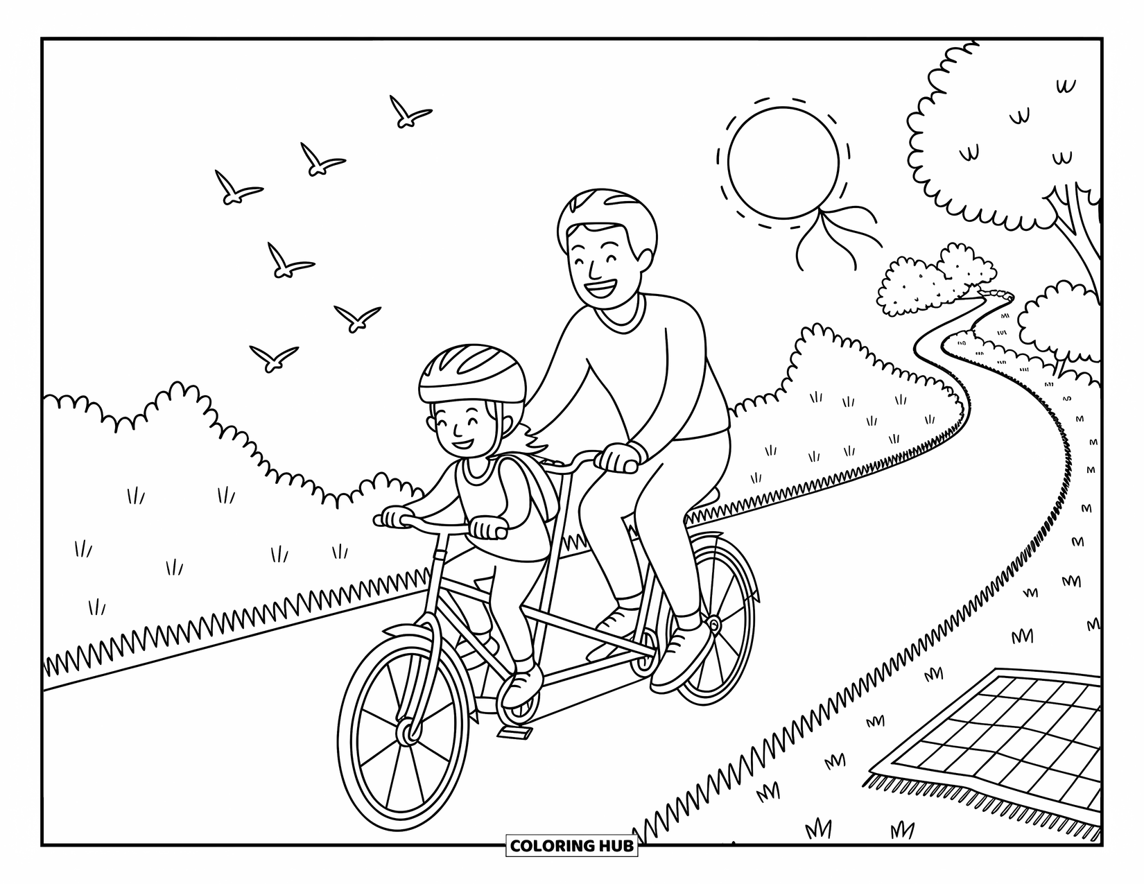 Dad And Daughter Coloring Page for Adults: They ride together joyfully as birds soar and a kite flutters in the trees
