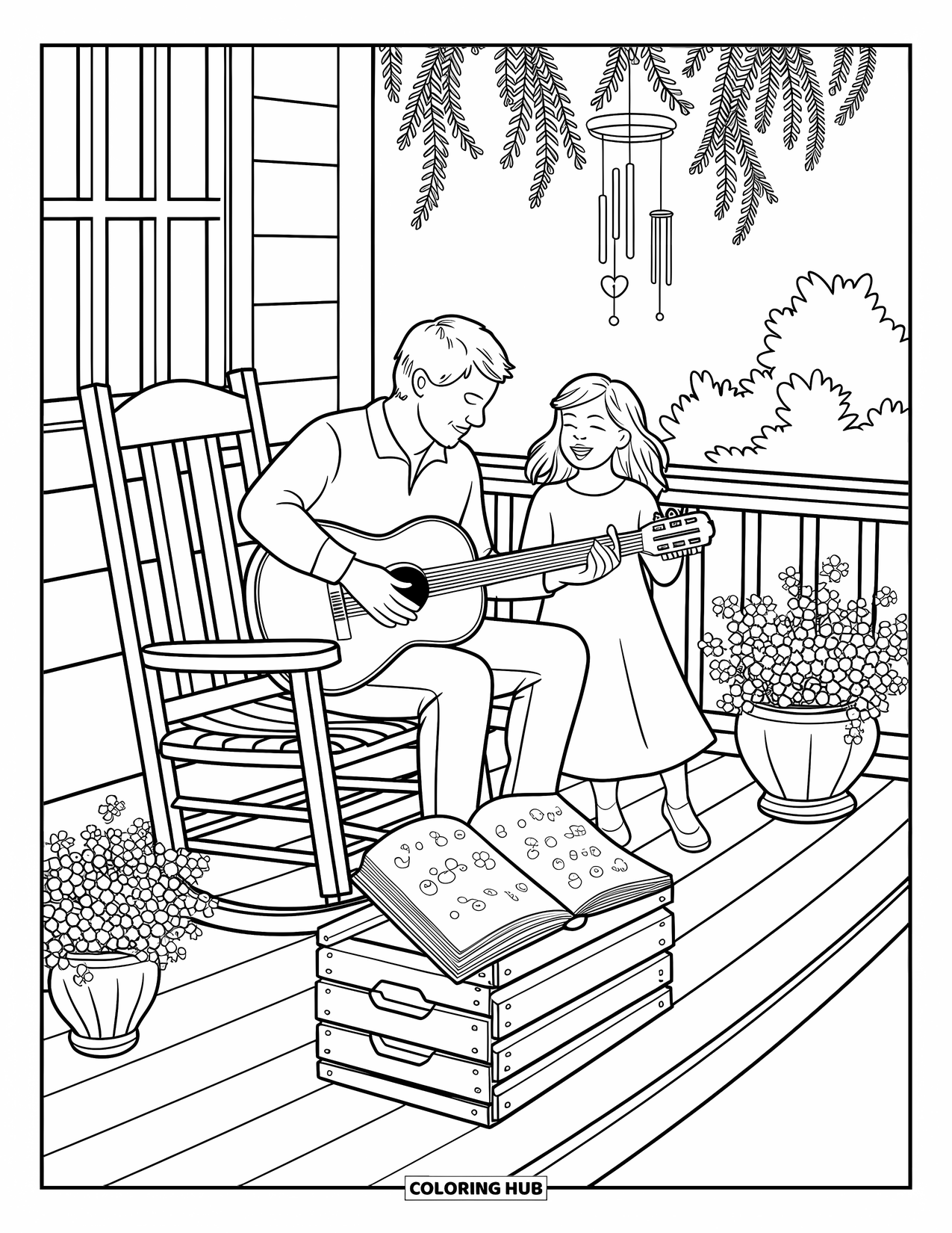 Dad And Daughter Coloring Page for Adults: They sing together warmly beside a crate, chimes, and flowerpots