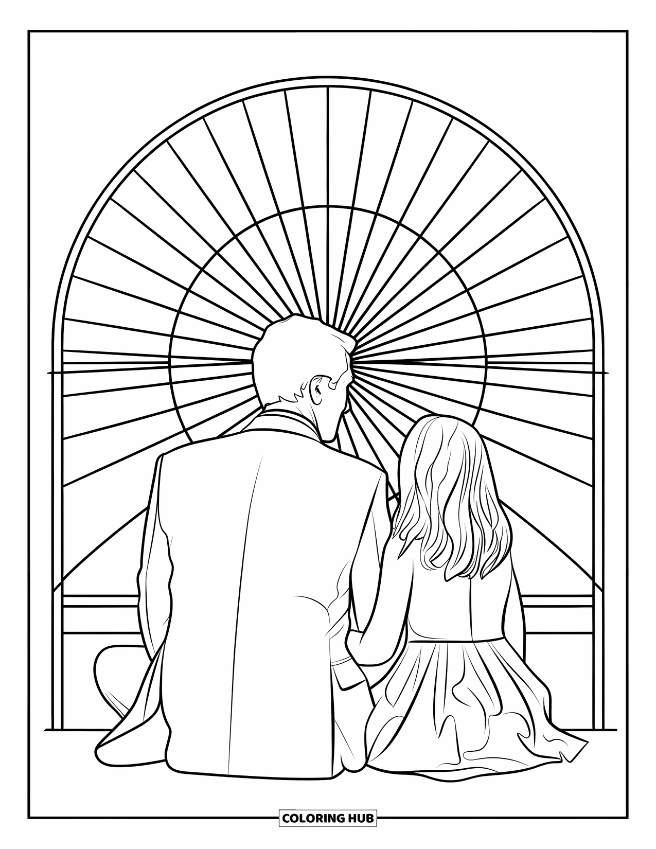 Dad And Daughter Coloring Page for Adults: They sit side by side with a stained glass sunburst behind them