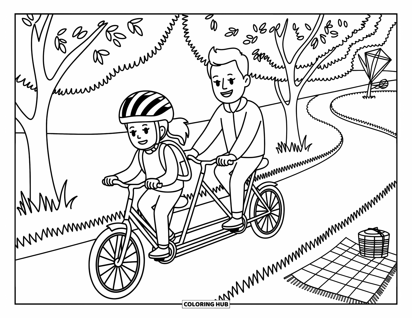Dad And Daughter Coloring Page for Adults: Together they pedal a tandem bicycle past trees, birds, and a picnic blanket