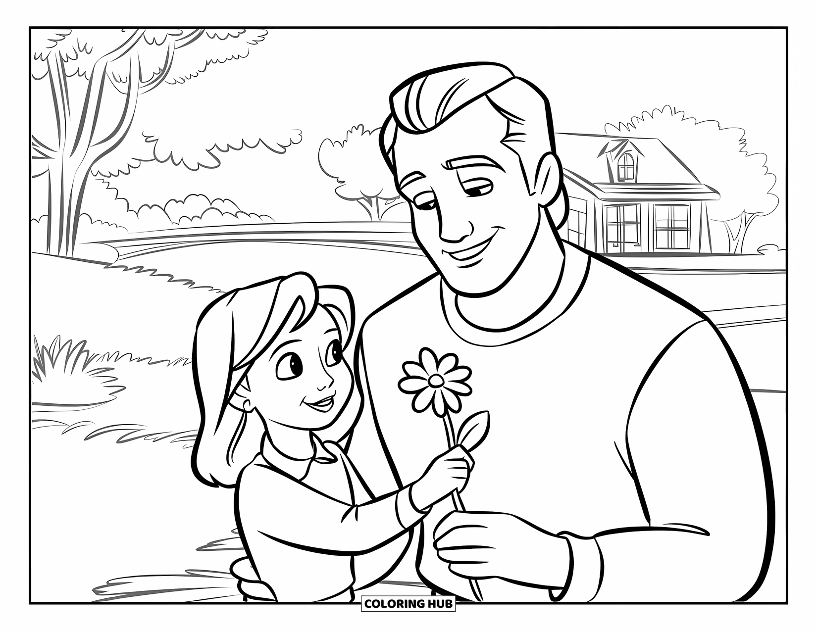Dad And Daughter Coloring Page for Kids: A flower gift and big smiles shared in a cheerful garden