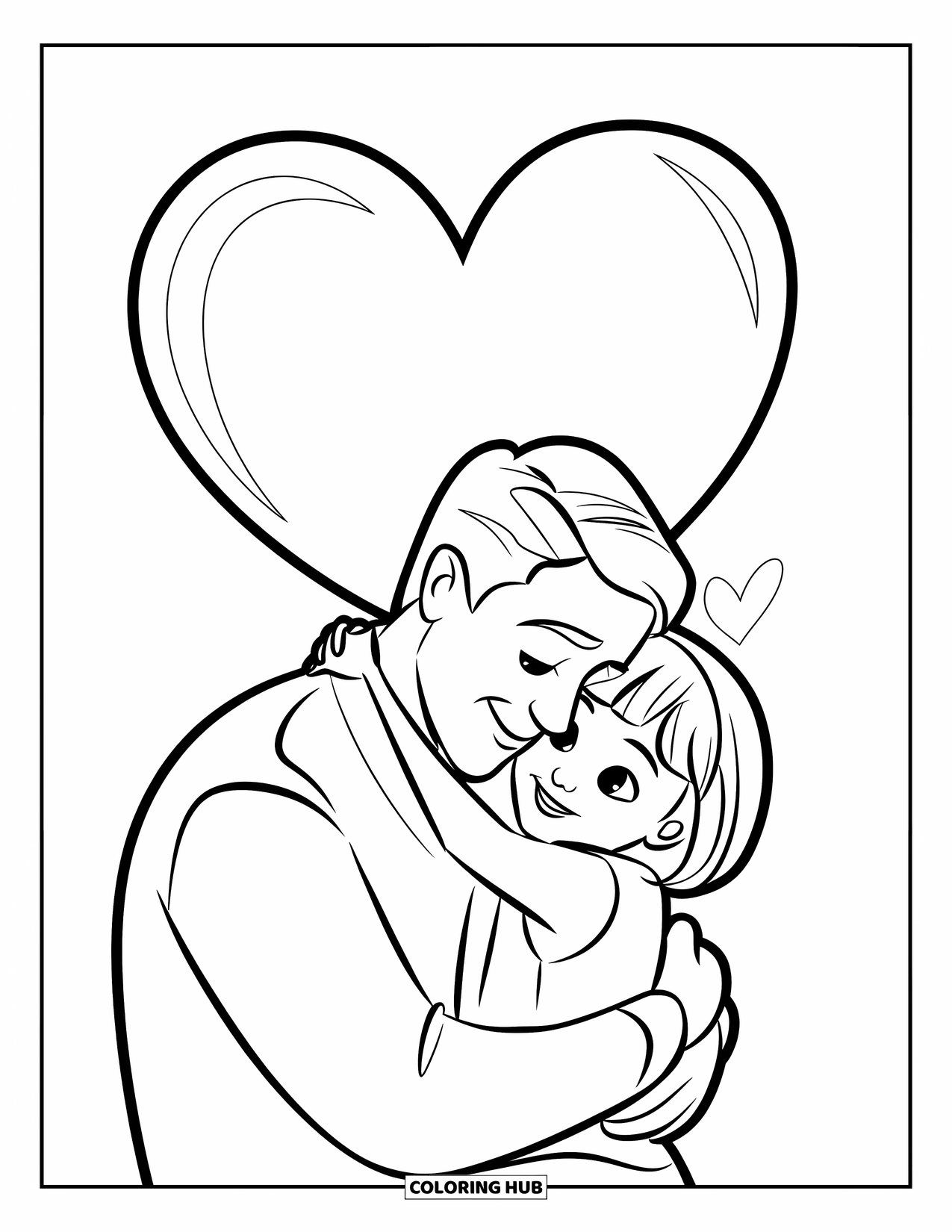 Dad And Daughter Coloring Page for Kids: A loving hug between dad and daughter with a heart above