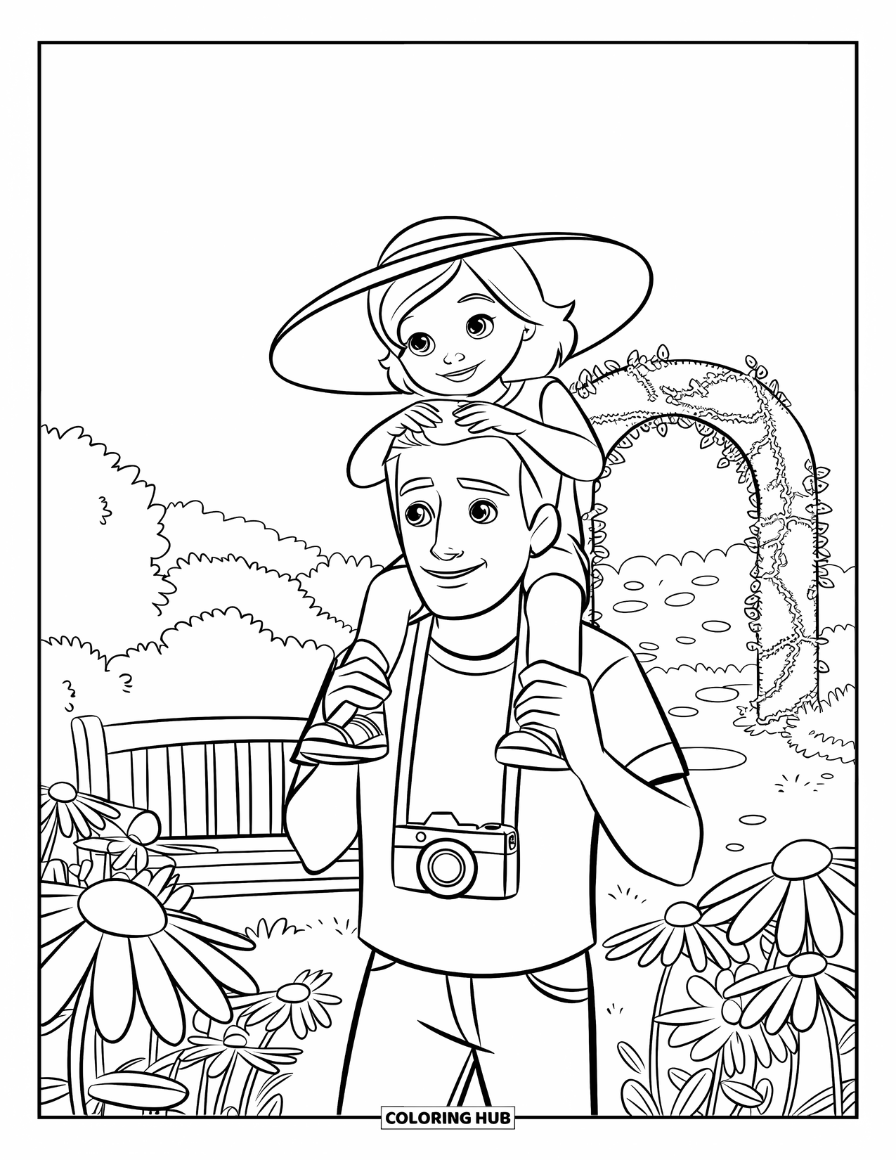 Dad And Daughter Coloring Page for Kids: A sweet garden walk with daisies, butterflies, and a vine archway