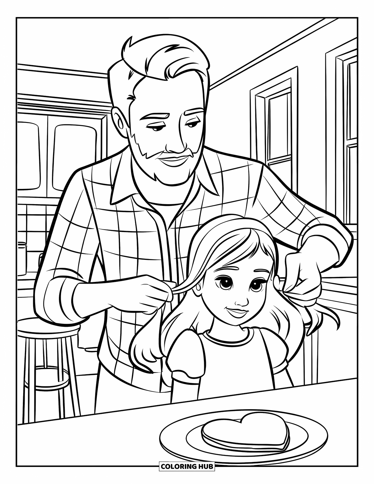 Dad And Daughter Coloring Page for Kids: A sweet morning moment as he ties her ponytail in the kitchen