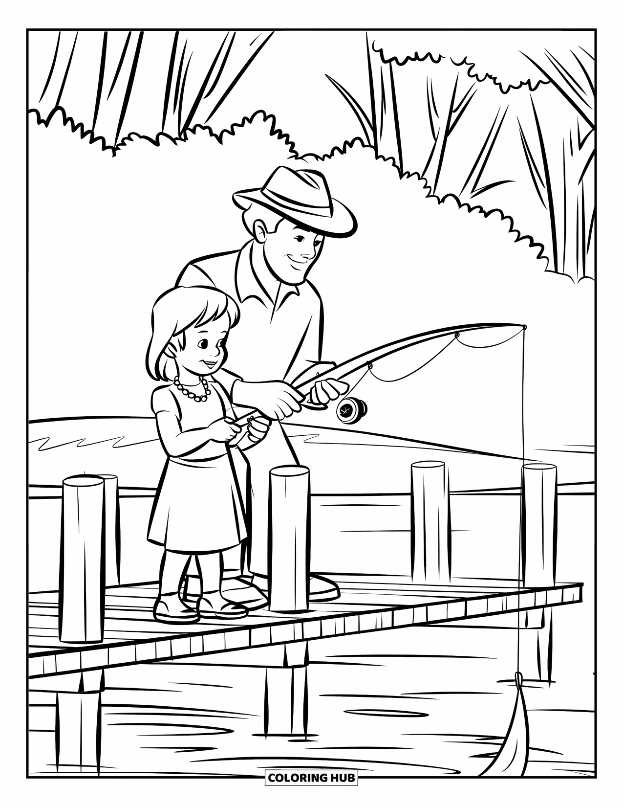 Dad And Daughter Coloring Page for Kids: Casting their lines from a wooden dock surrounded by nature