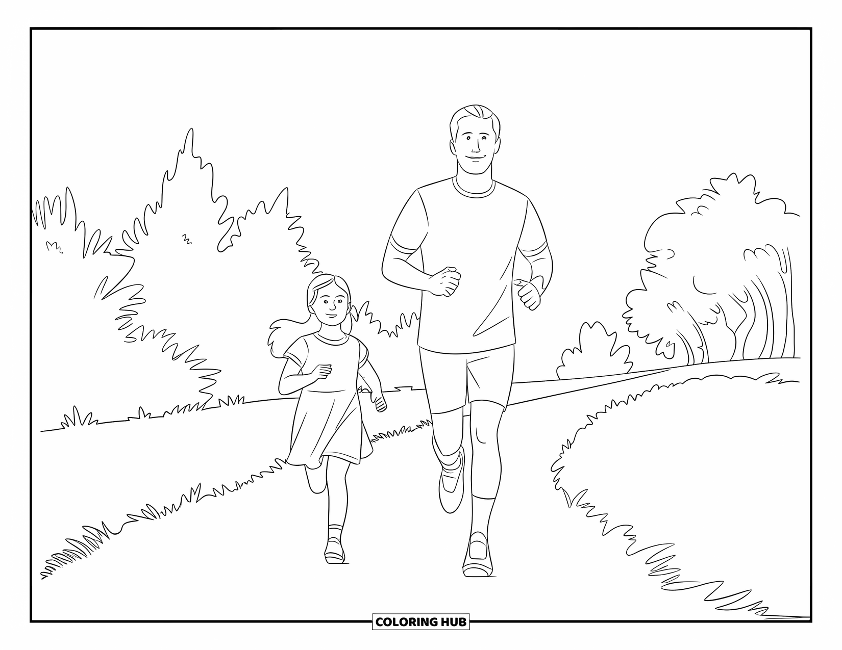Dad And Daughter Coloring Page for Kids: Dad and daughter jog together on a trail lined with tall, leafy trees