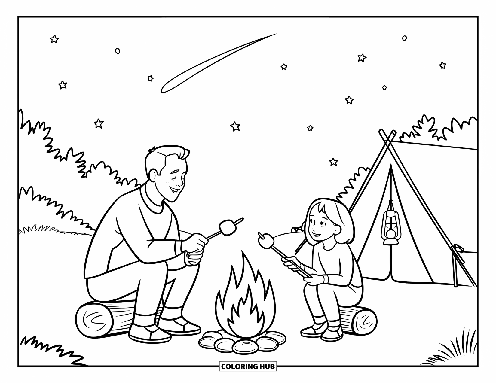 Dad And Daughter Coloring Page for Kids: Father and daughter toast marshmallows under the stars near their glowing tent