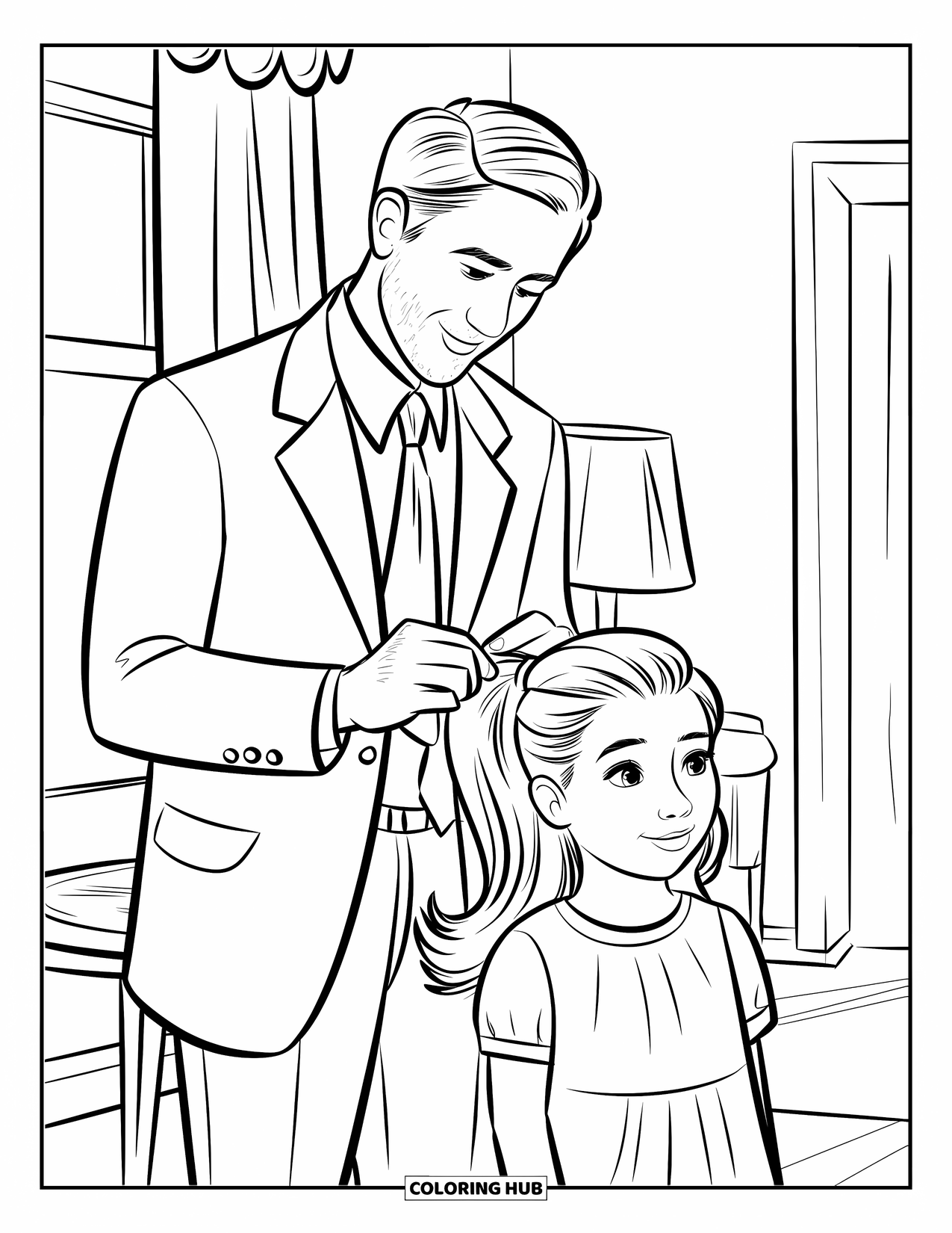 Dad And Daughter Coloring Page for Kids: Fixing her hair near a window with warm light shining in