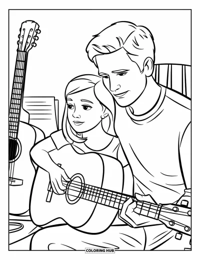 Tegning af far og datter til børn: Han lærer hende guitar ved siden af en stol og et nodeblad