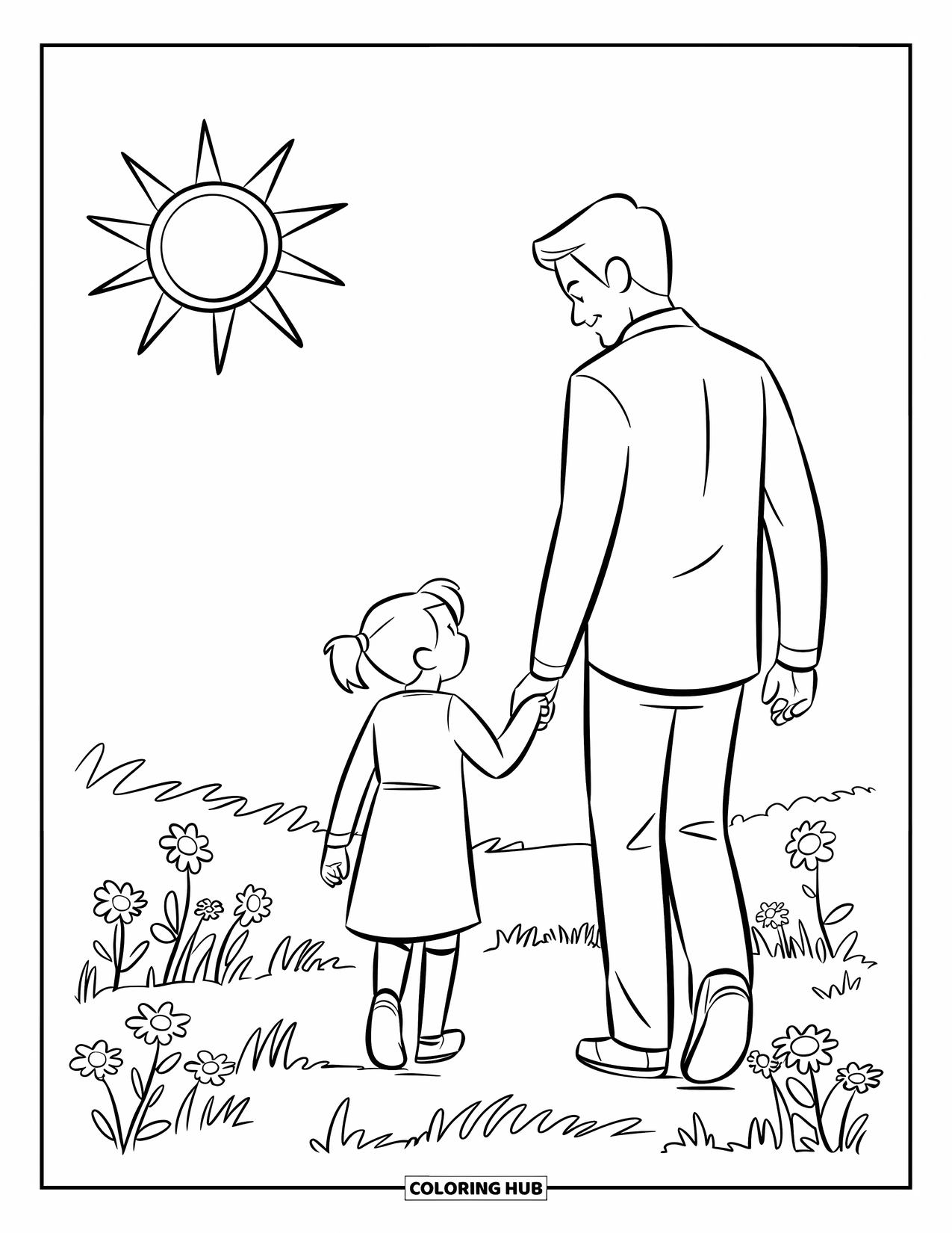 Dad And Daughter Coloring Page for Kids: Holding hands, they walk under the sun across a wildflower field