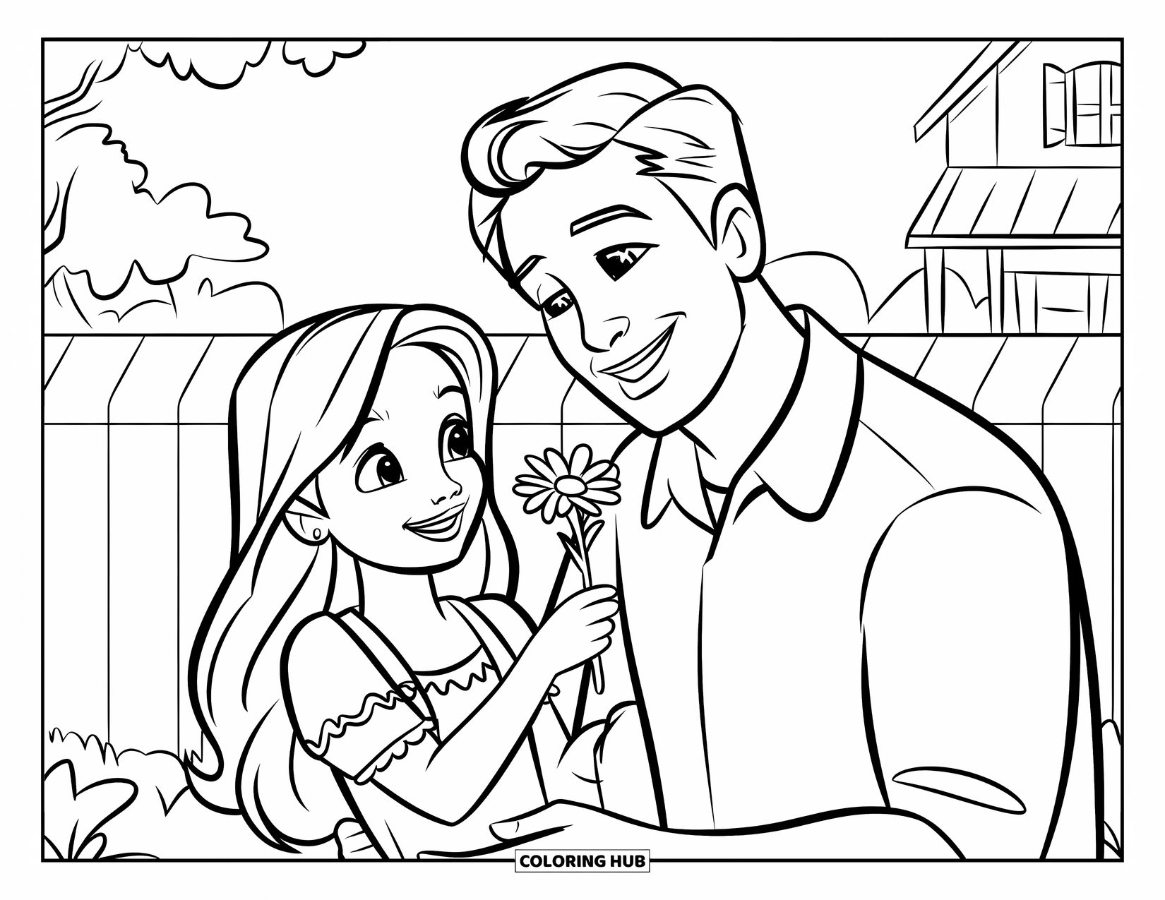 Dad And Daughter Coloring Page for Kids: In a garden, she surprises him with a flower and a smile