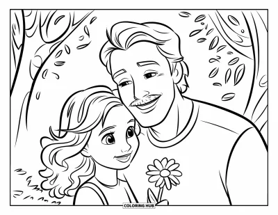 Tegning af far og datter til børn: Hun giver ham en blomst, mens de smiler i en blomstrende have